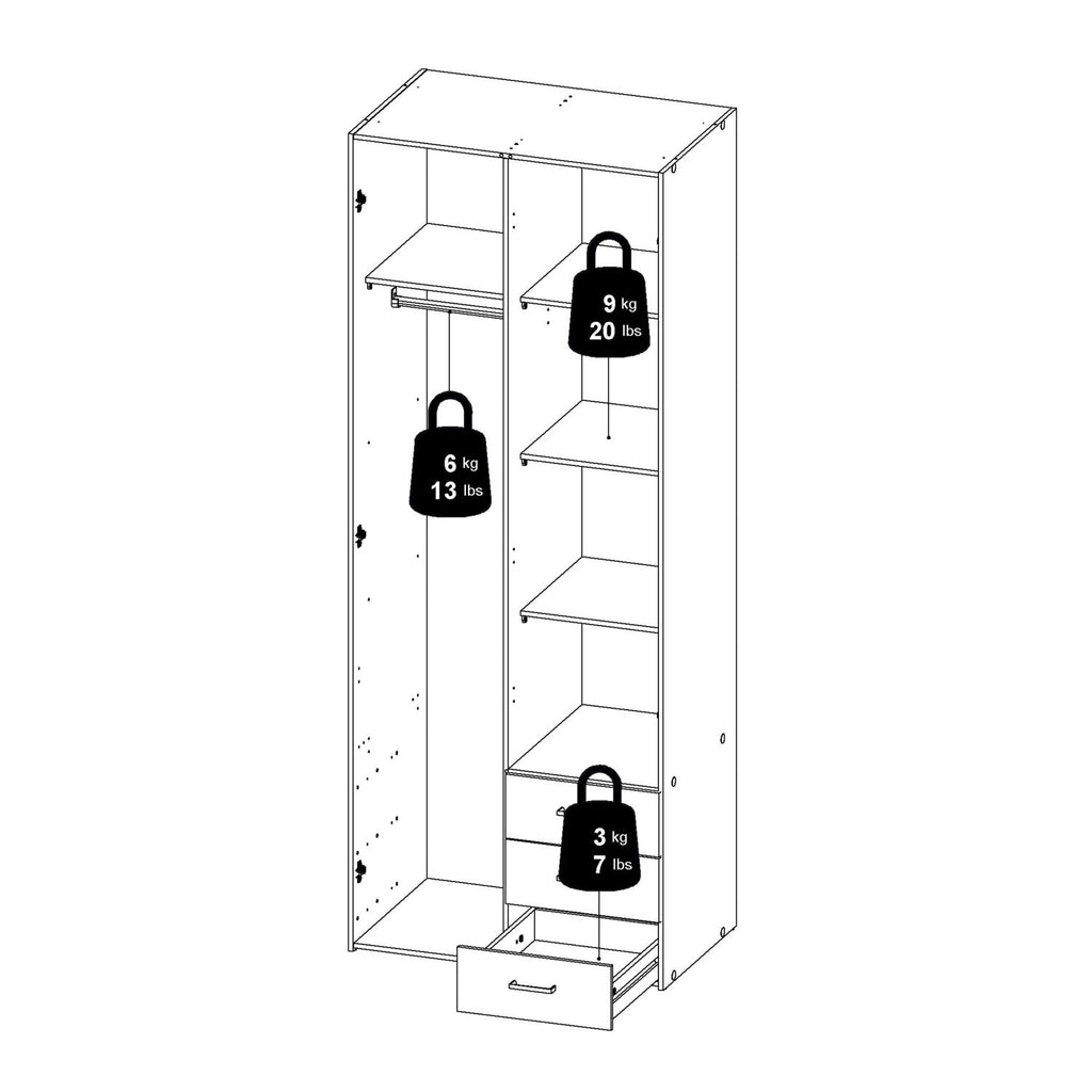 Oak Tall Double Combination Wardrobe 2 Doors 3 Drawers 200cm Tall