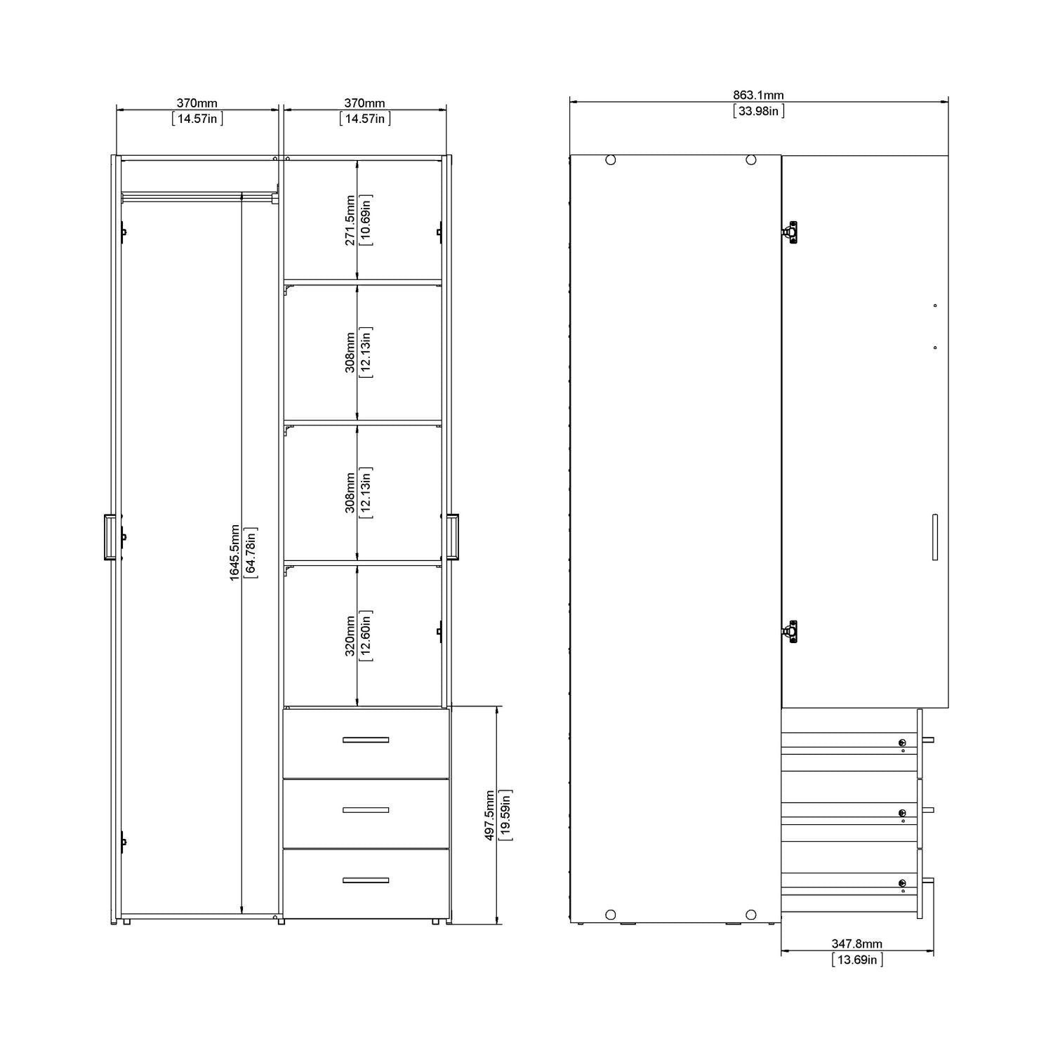 Tall Slim White 2 Door Double Wardrobe With Metal Handles