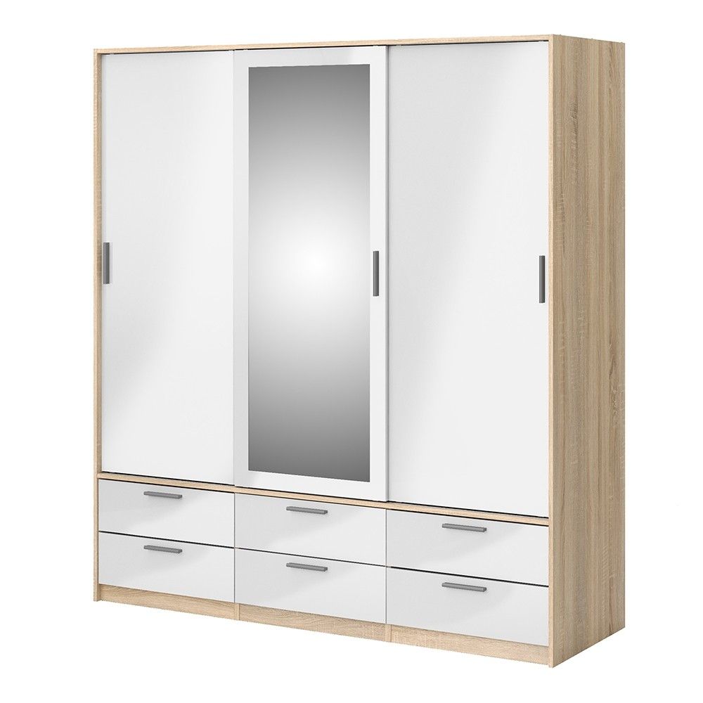 White High Gloss Oak Framed Mirror Sliding 3 Door Triple Wardrobe