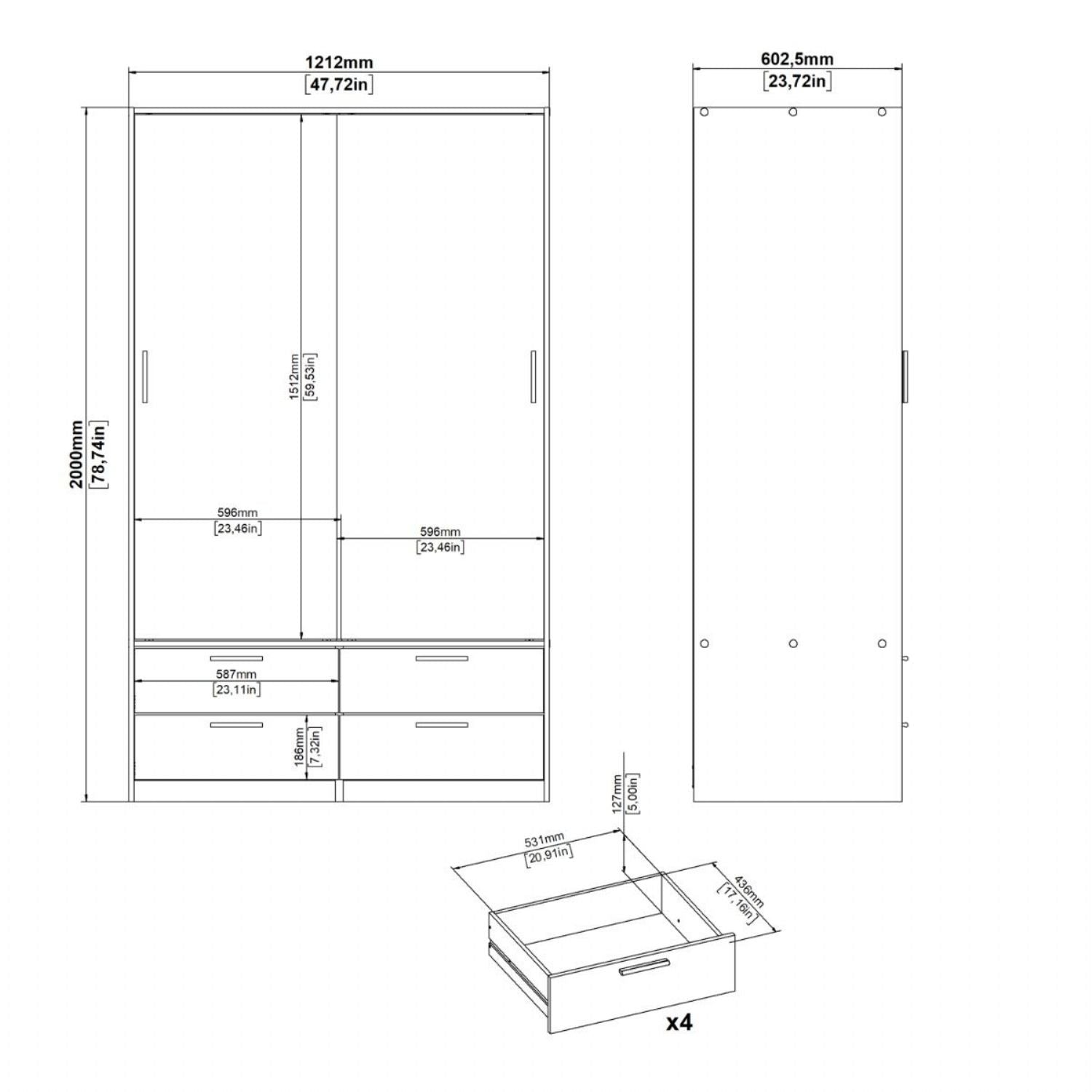 Line Wardrobe with 2 Sliding Doors and 4 Drawers, White