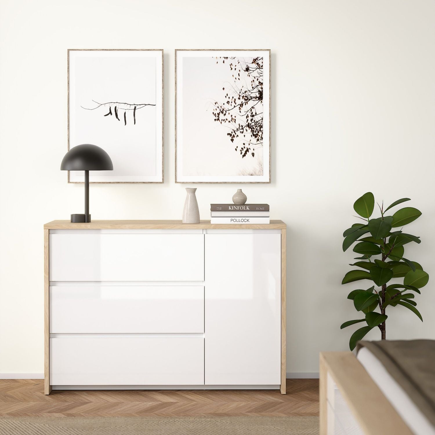 Next Sideboard with 1 Door and 3 Drawers Jackson Hickory White High Gloss