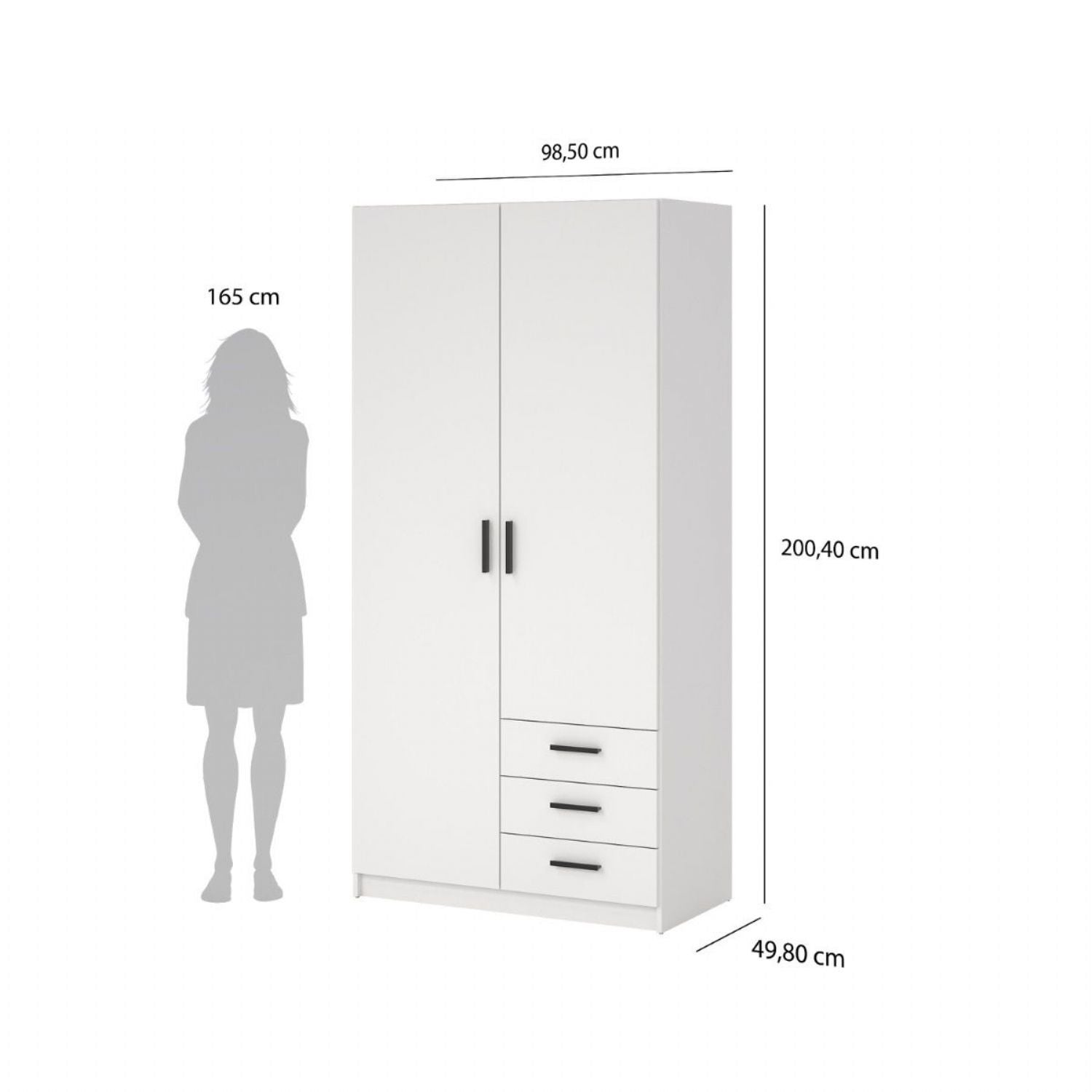 Sprint Wardrobe with 2 Doors + 3 Drawers in White