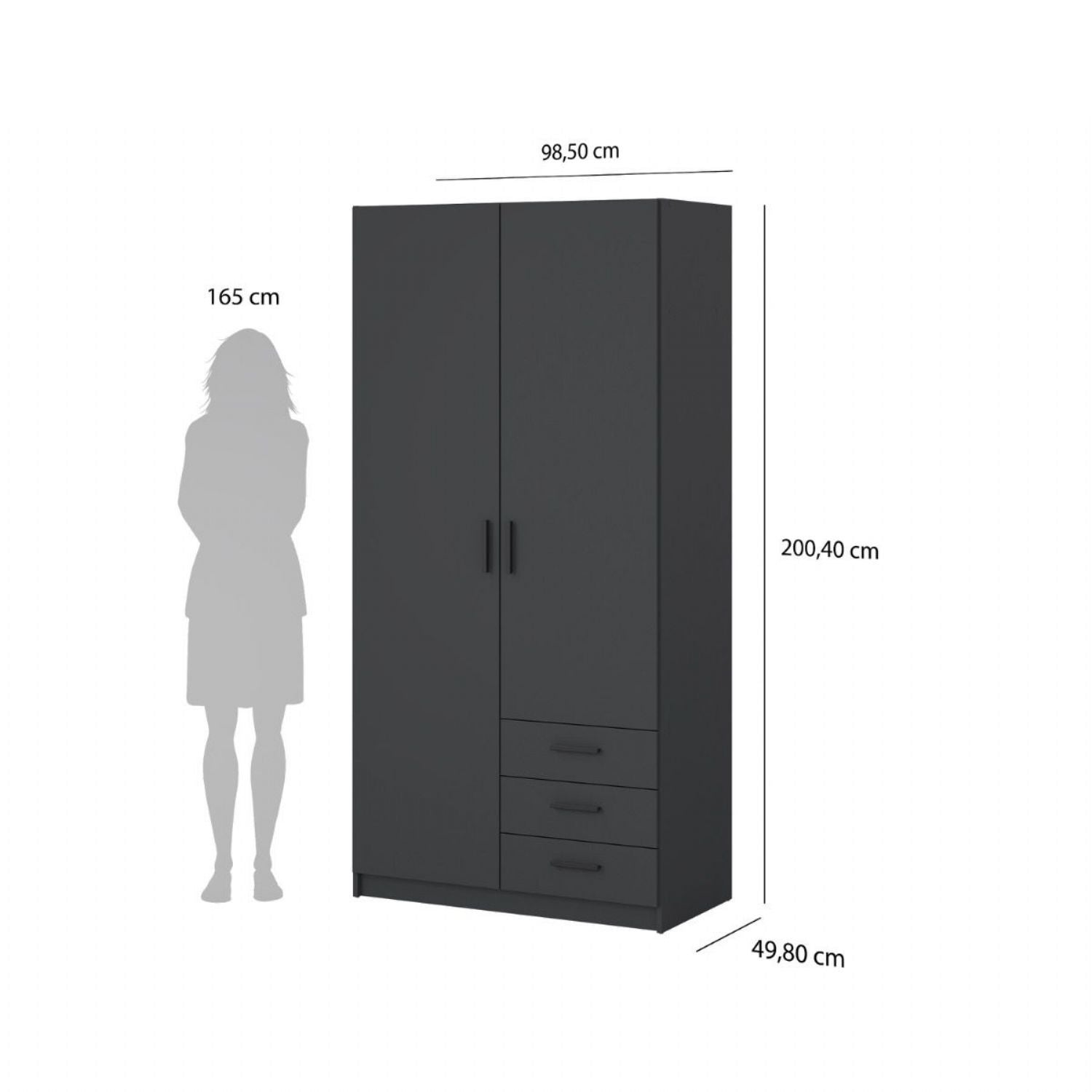 Sprint Wardrobe with 2 Doors + 3 Drawers in Matt Grey