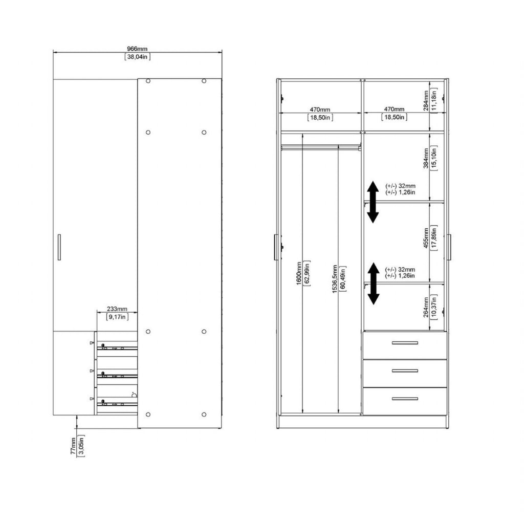 Sprint Wardrobe with 2 Doors + 3 Drawers in Matt Grey