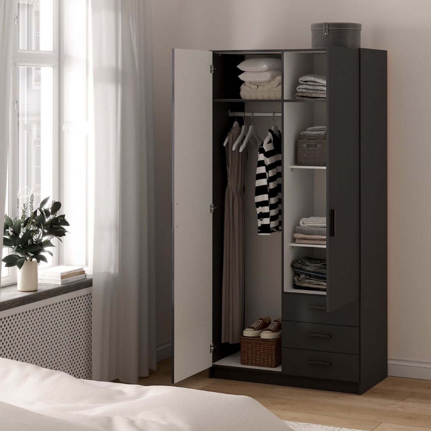 Sprint Wardrobe with 2 Doors + 3 Drawers in Matt Grey