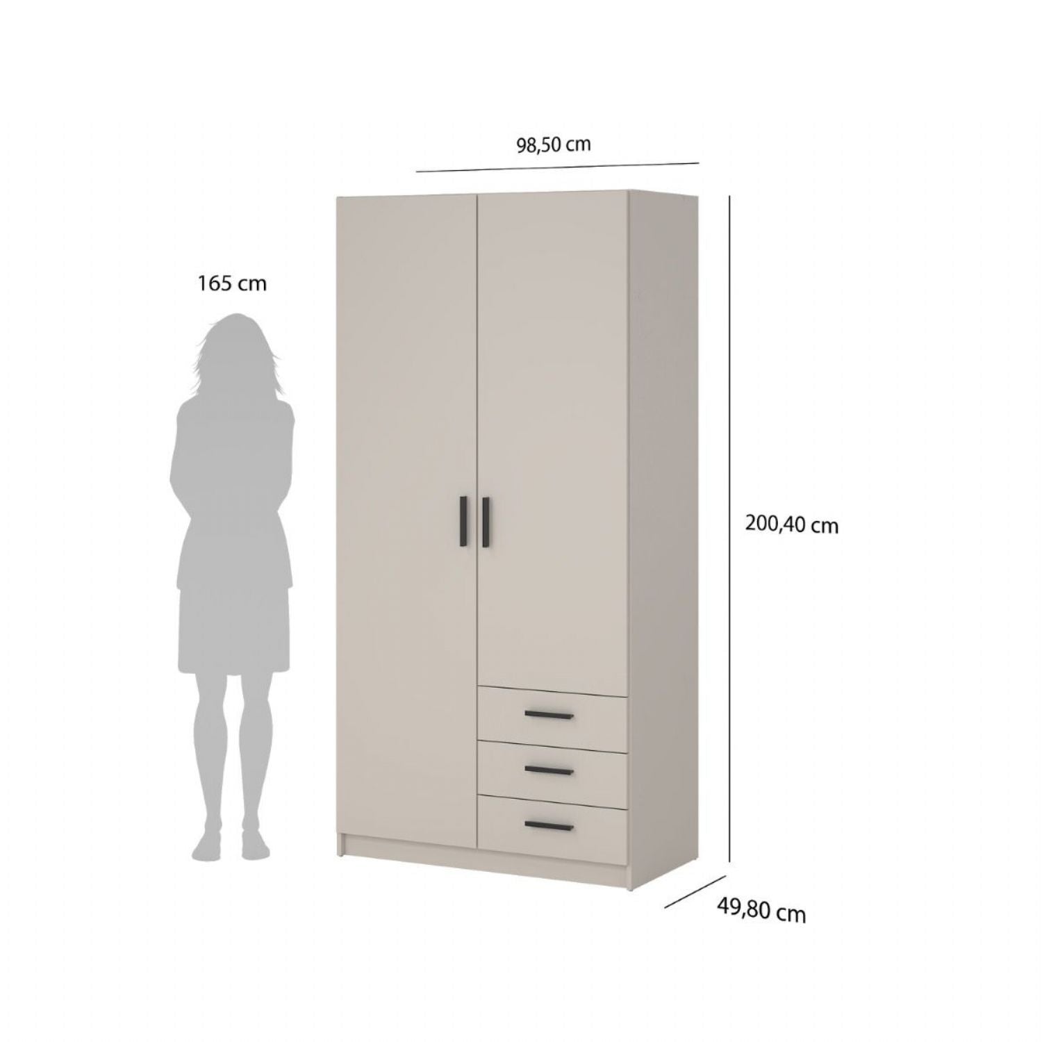 Sprint Wardrobe with 2 Doors + 3 Drawers in Cashmere