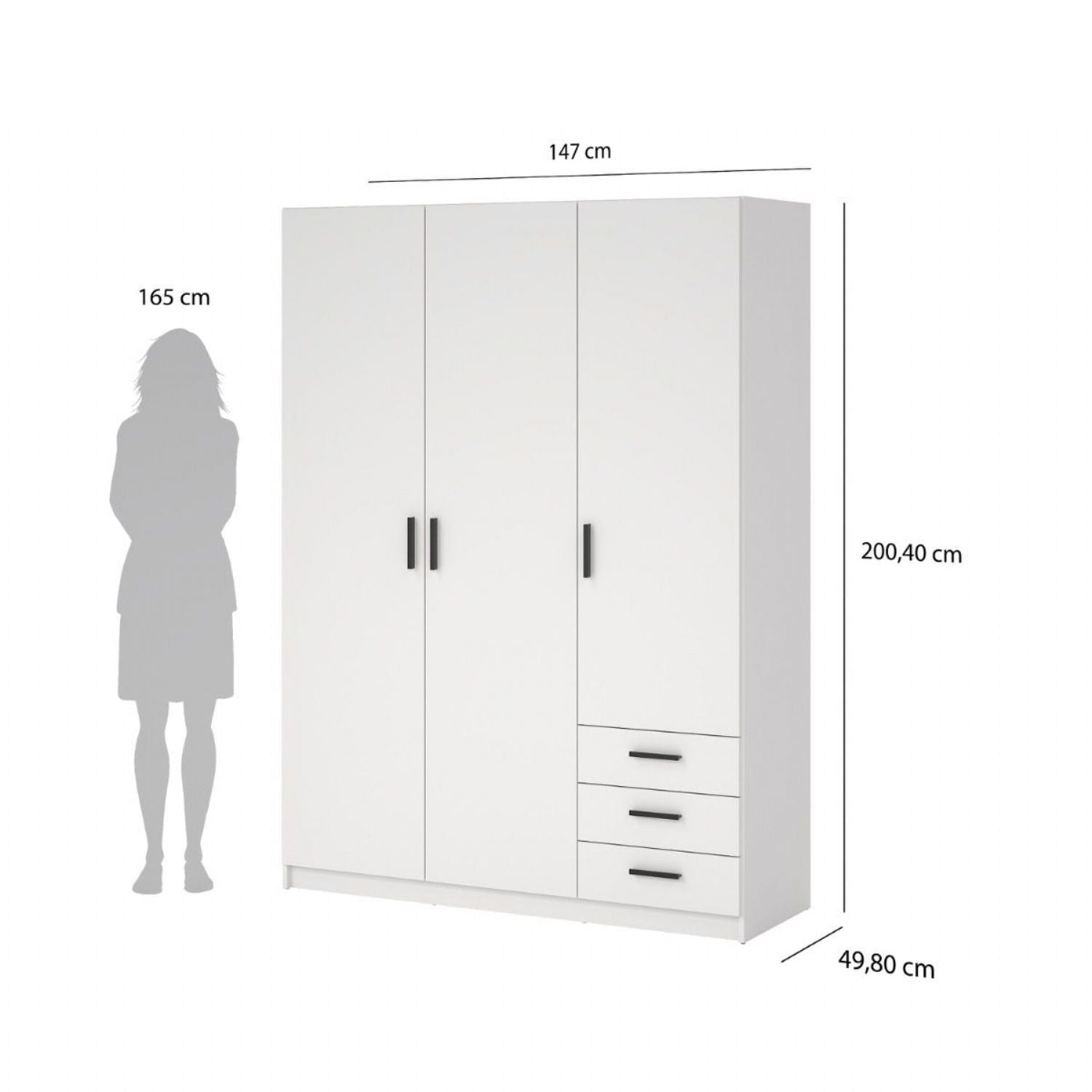 Sprint Wardrobe with 3 Doors + 3 Drawers in White
