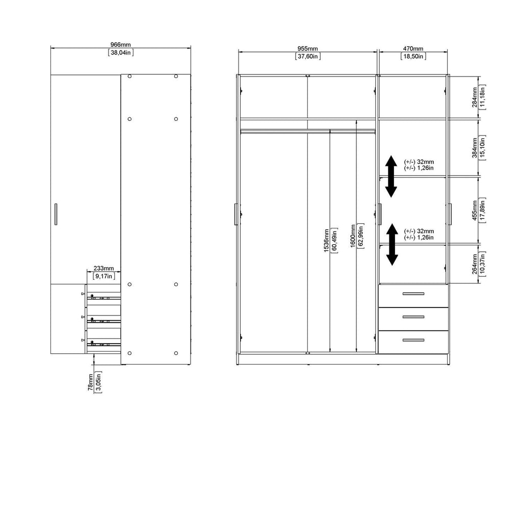 Sprint Wardrobe with 3 Doors + 3 Drawers in Jackson Hickory