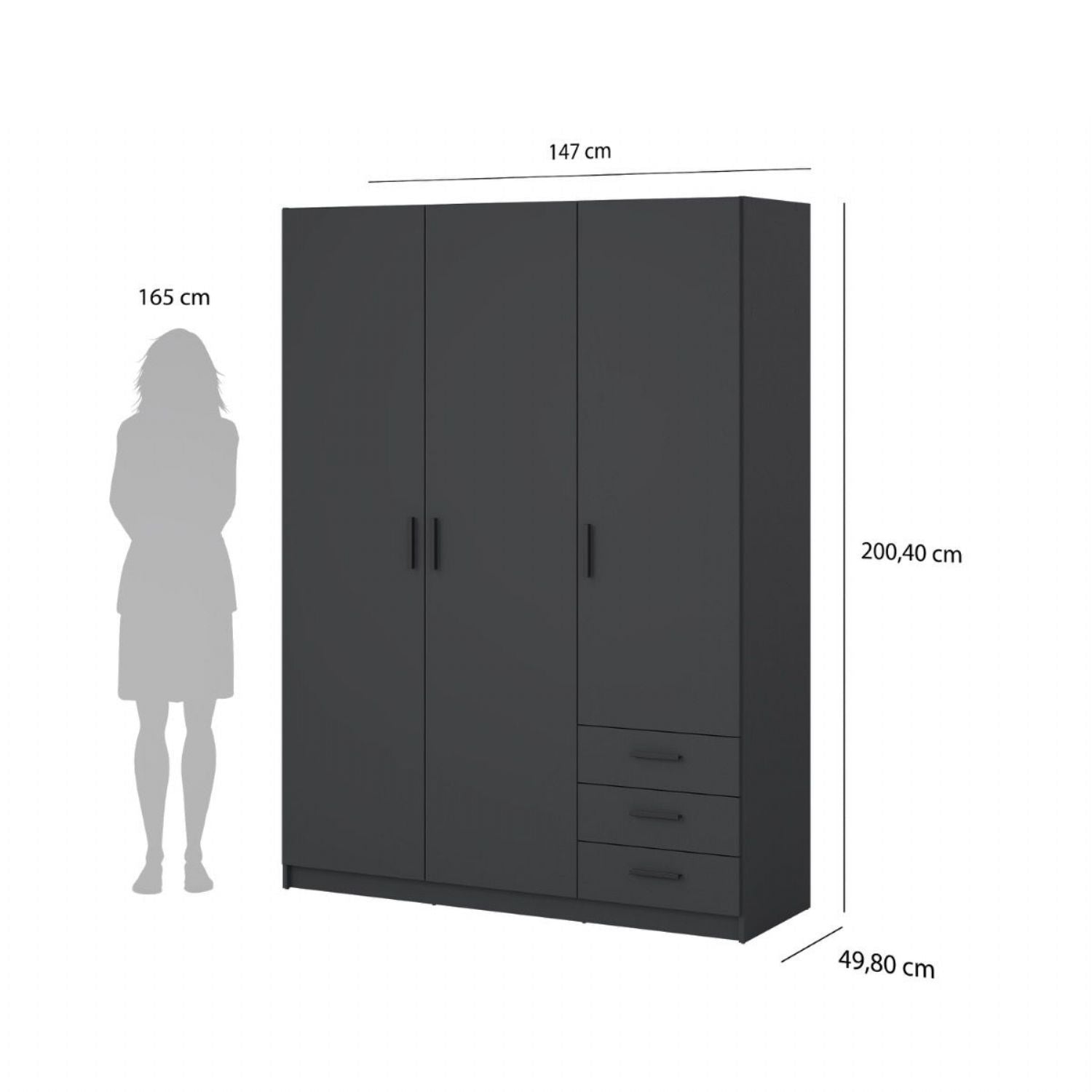 Sprint Wardrobe with 3 Doors + 3 Drawers in Matt Grey