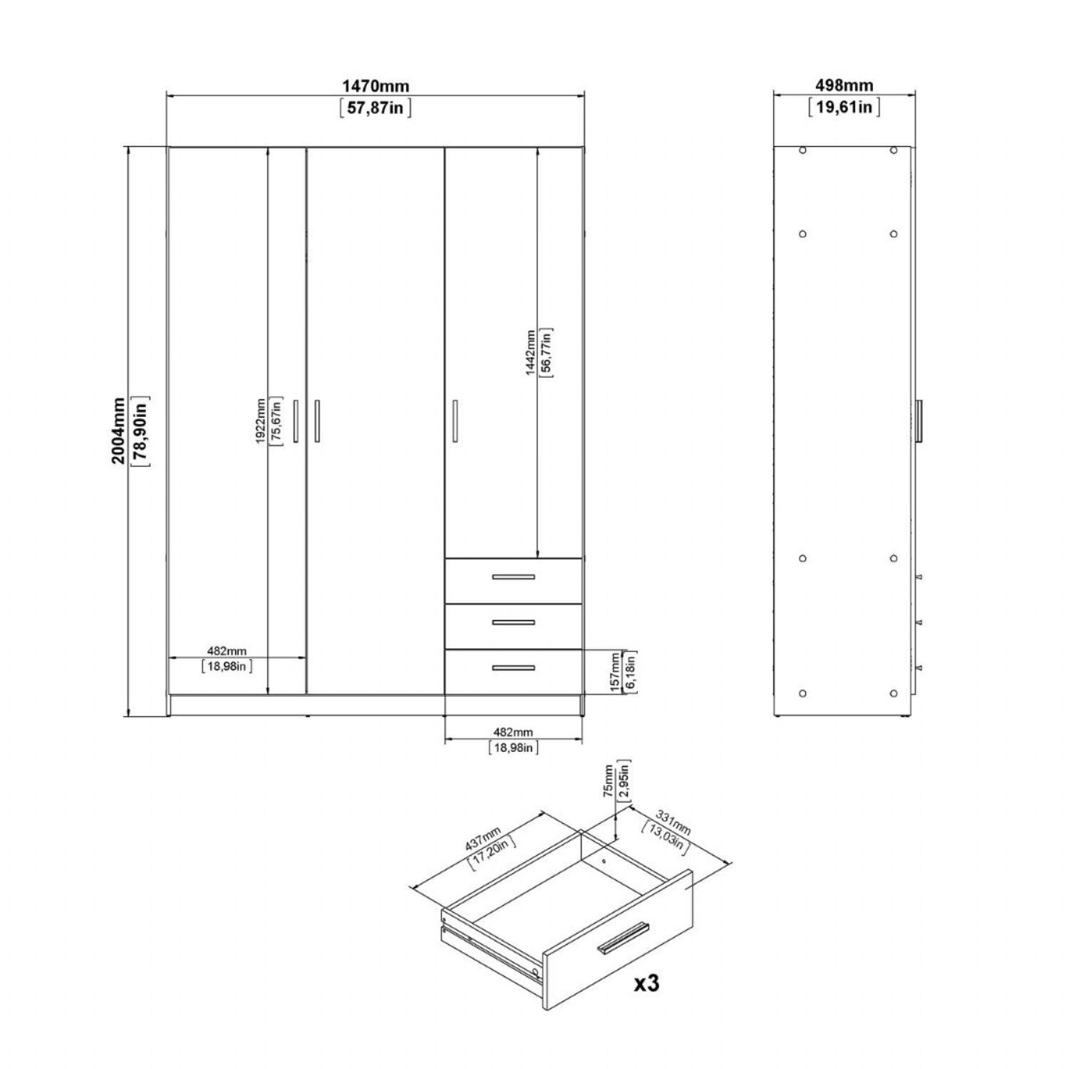Sprint Wardrobe with 3 Doors + 3 Drawers in Matt Grey