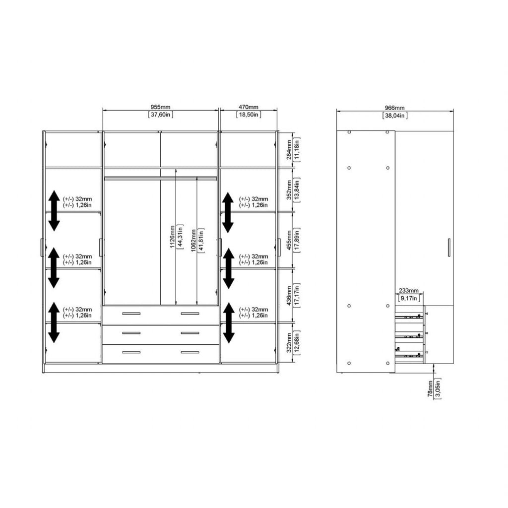 Sprint Wardrobe with 4 Doors + 3 Drawers in White