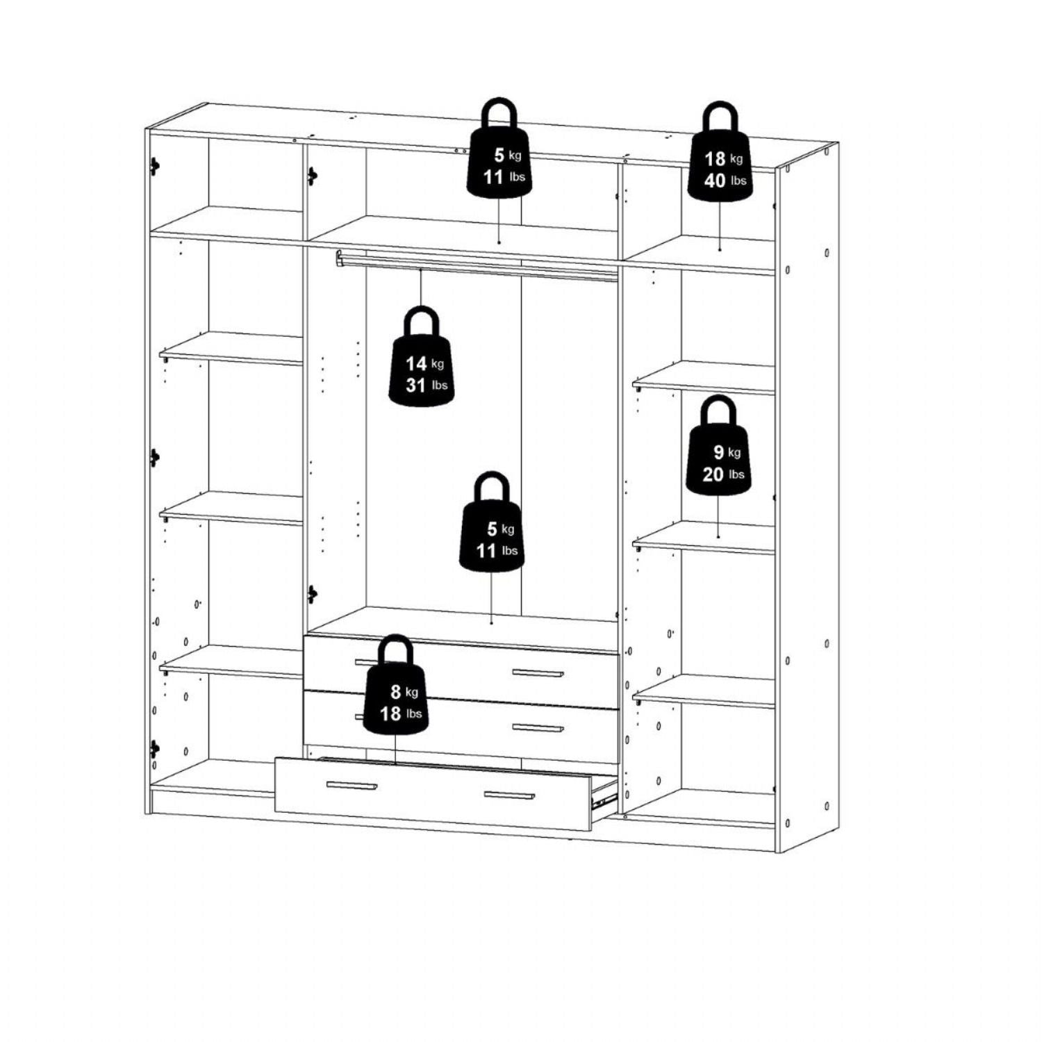 Sprint Wardrobe with 4 Doors + 3 Drawers in White