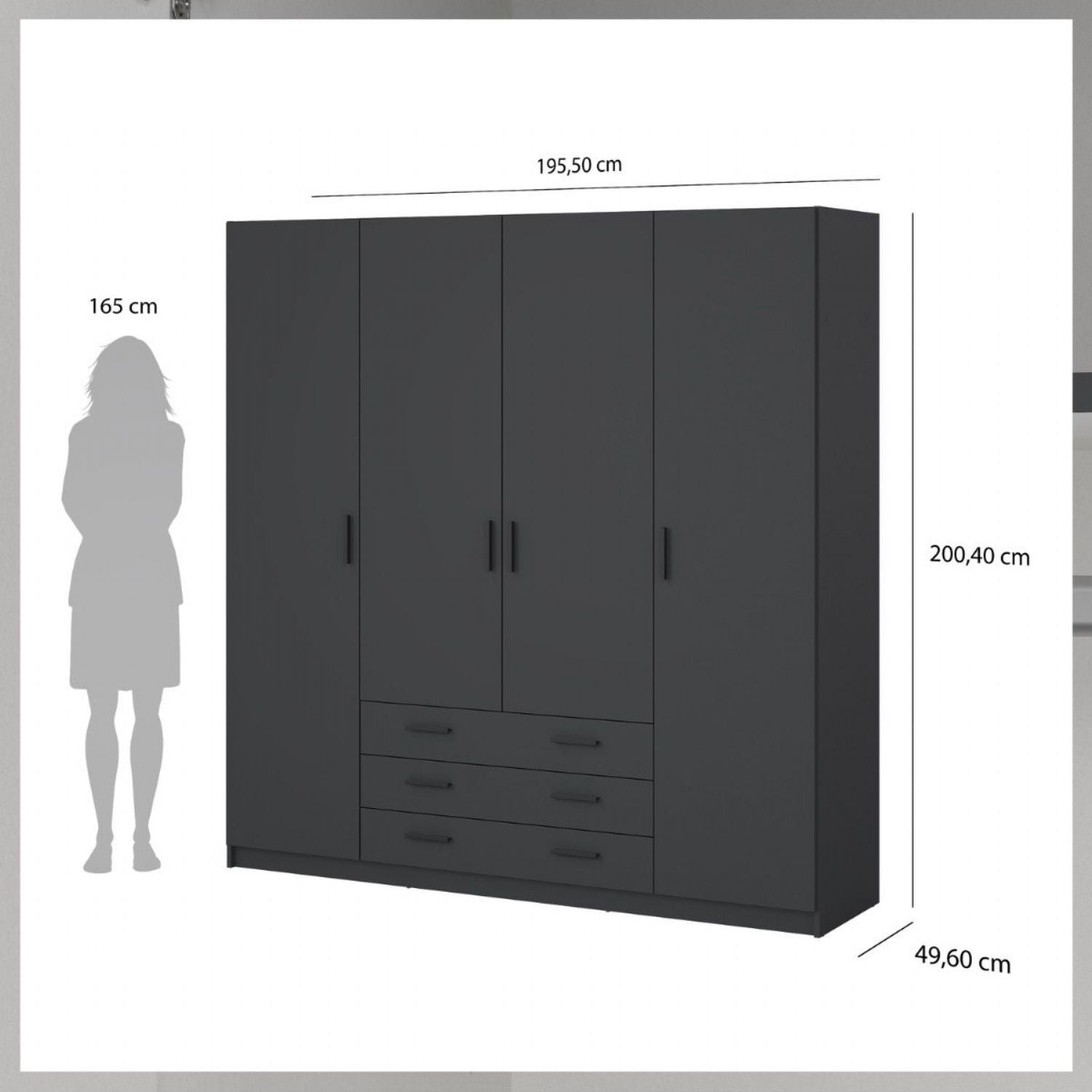 Sprint Wardrobe with 4 Doors + 3 Drawers in Matt Grey