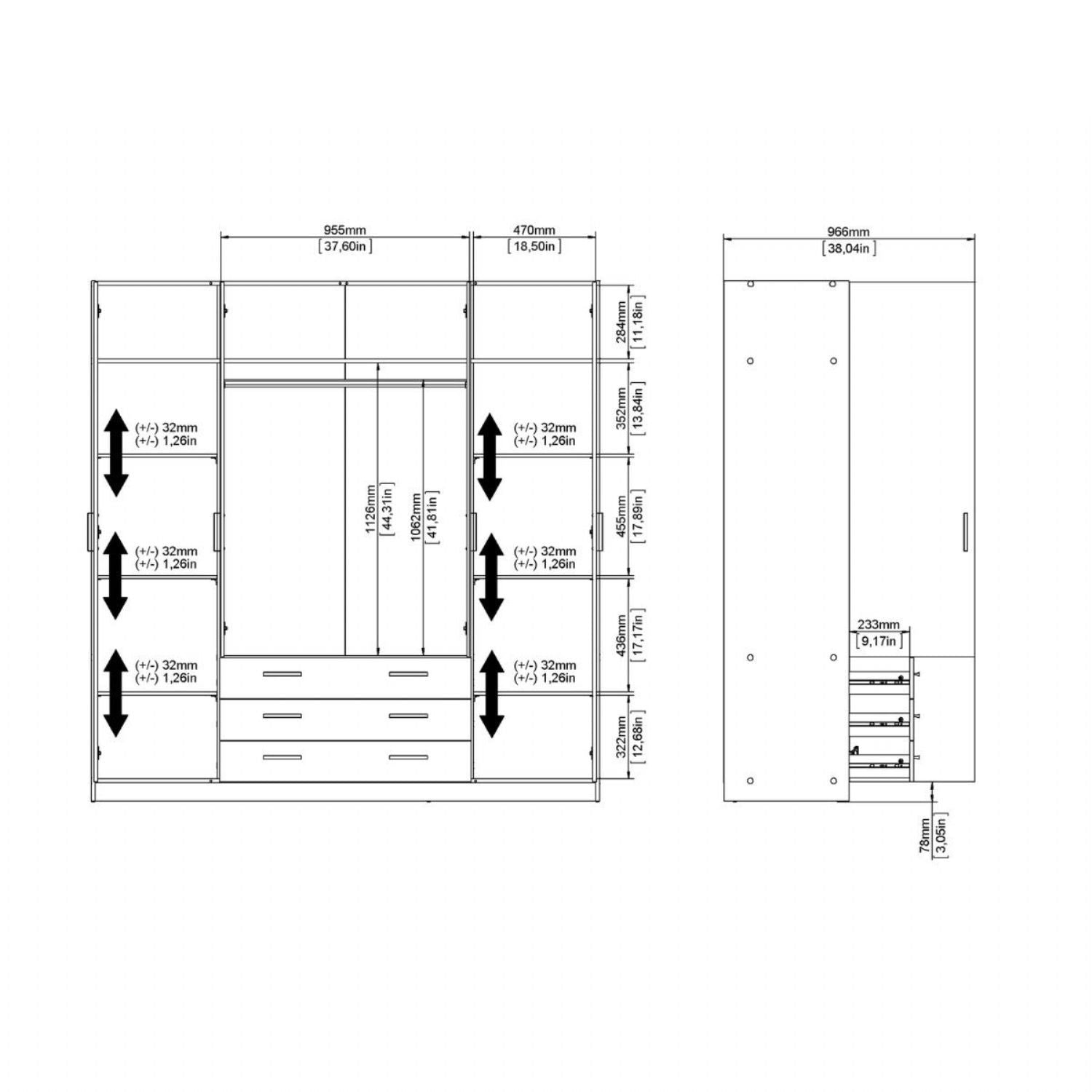 Sprint Wardrobe with 4 Doors + 3 Drawers in Matt Grey