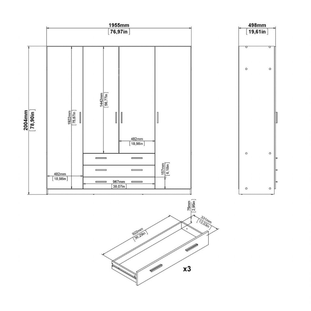 Sprint Wardrobe with 4 Doors + 3 Drawers in Cashmere