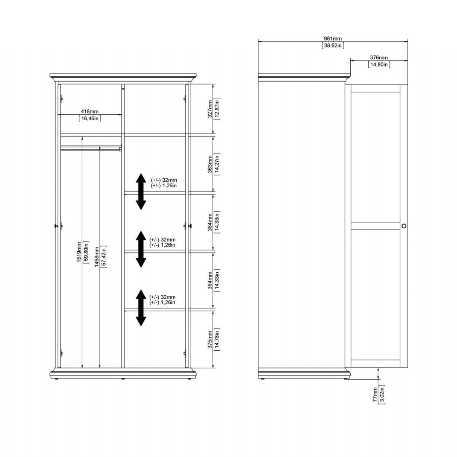 Paris Wardrobe with 2 Doors in Cashmere
