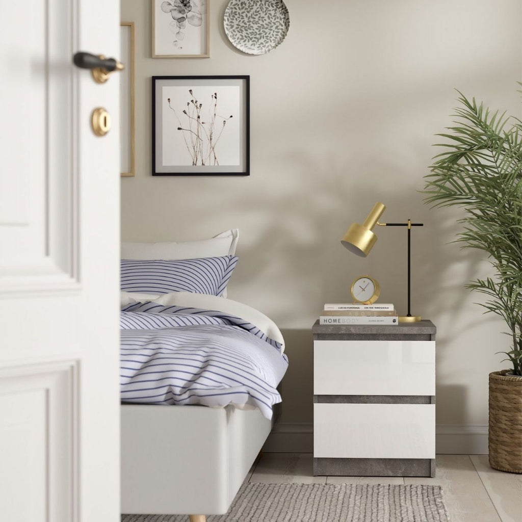 Naia Bedside 2 Drawers in Concrete and White High Gloss