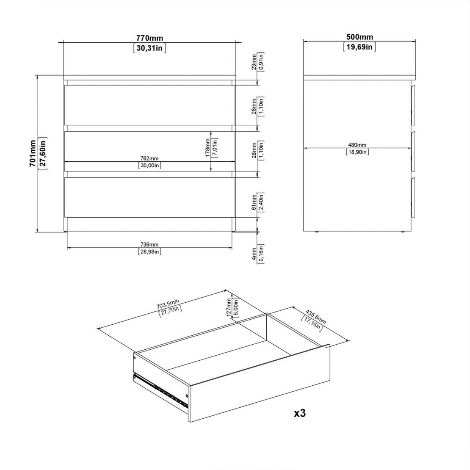 Naia Chest of 3 Drawers in Cashmere