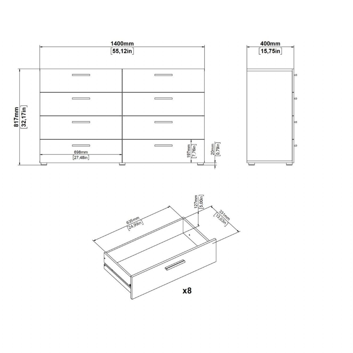 Pepe Wide Chest of 8 Drawers in White