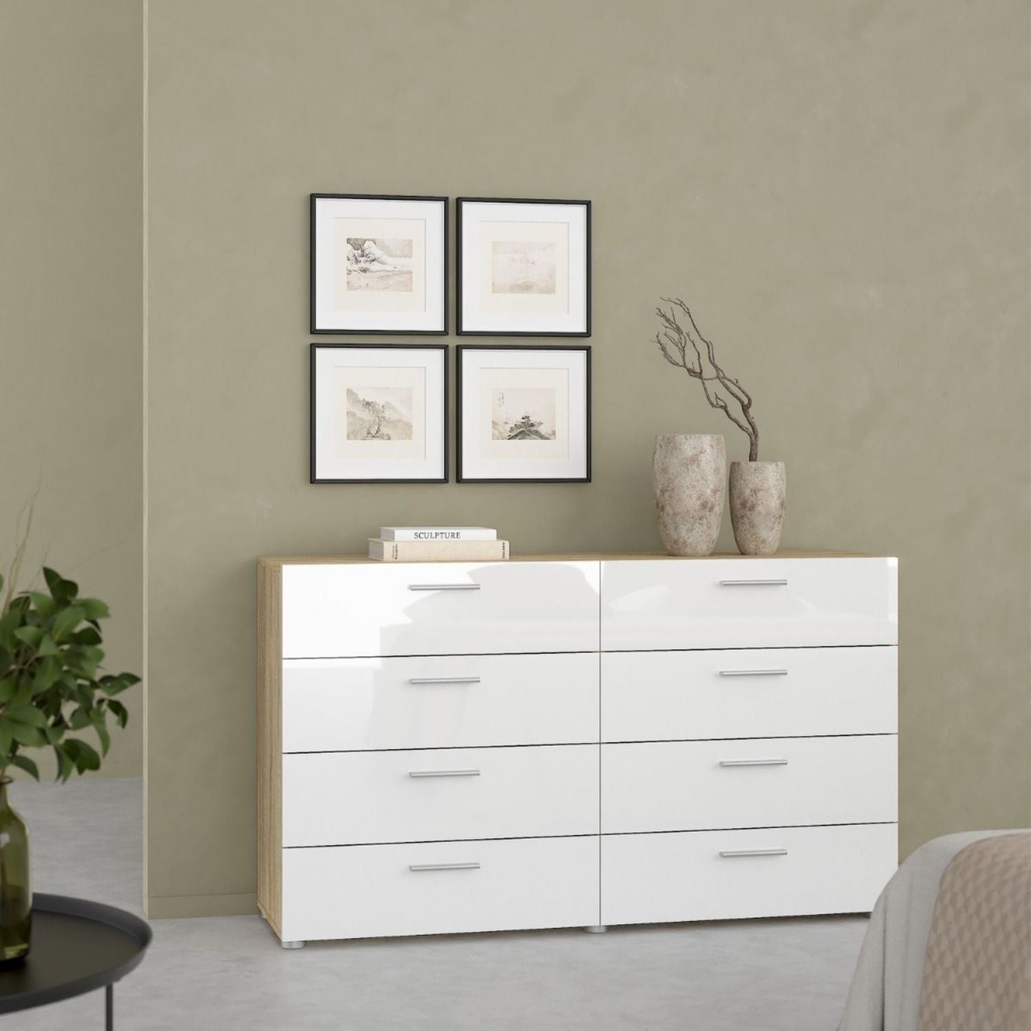 Pepe Wide Chest of 8 Drawers in Oak with White High Gloss