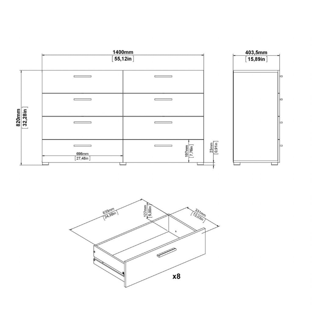 Pepe Wide Chest of 8 Drawers in Oak with White High Gloss
