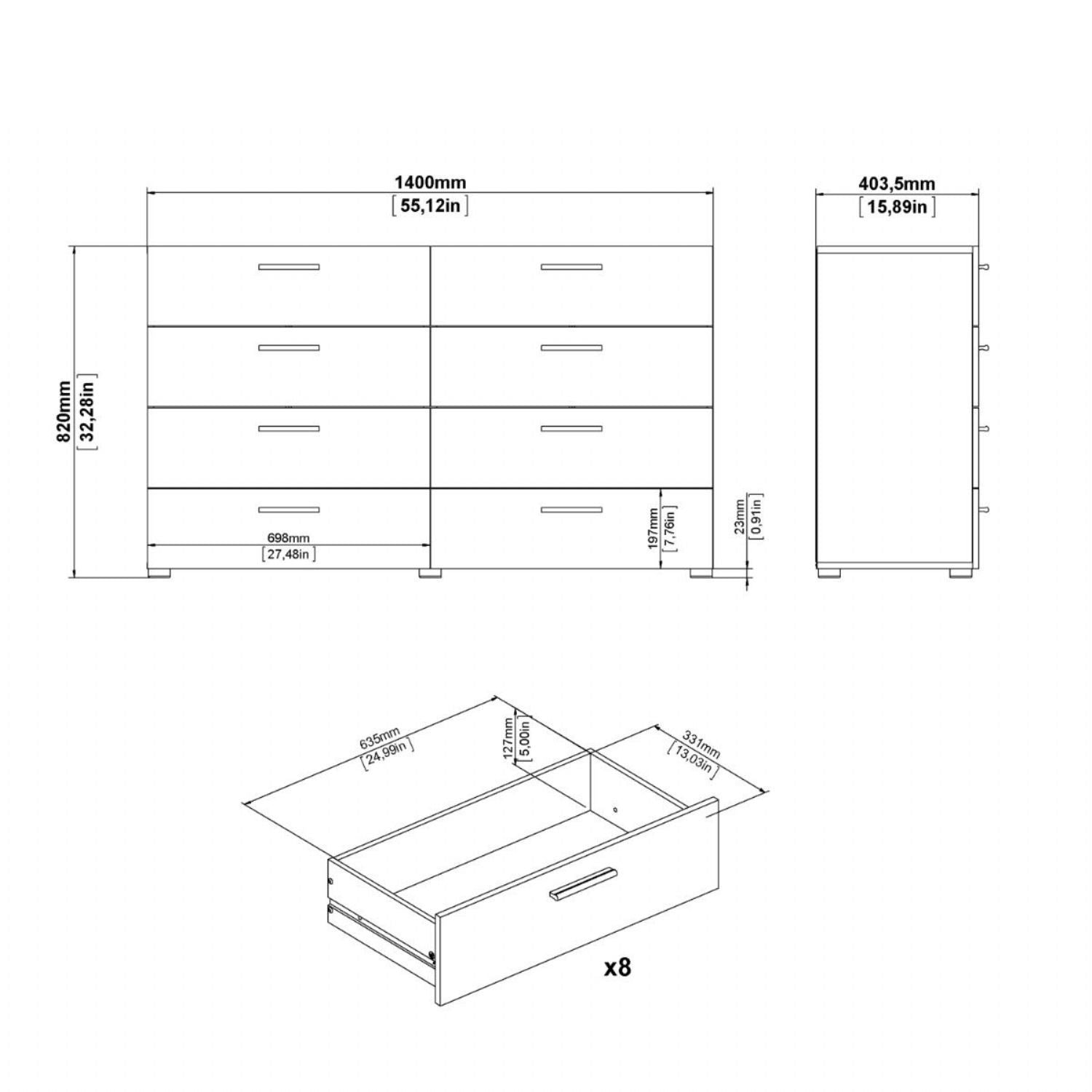Pepe Wide Chest of 8 Drawers in Oak with White High Gloss