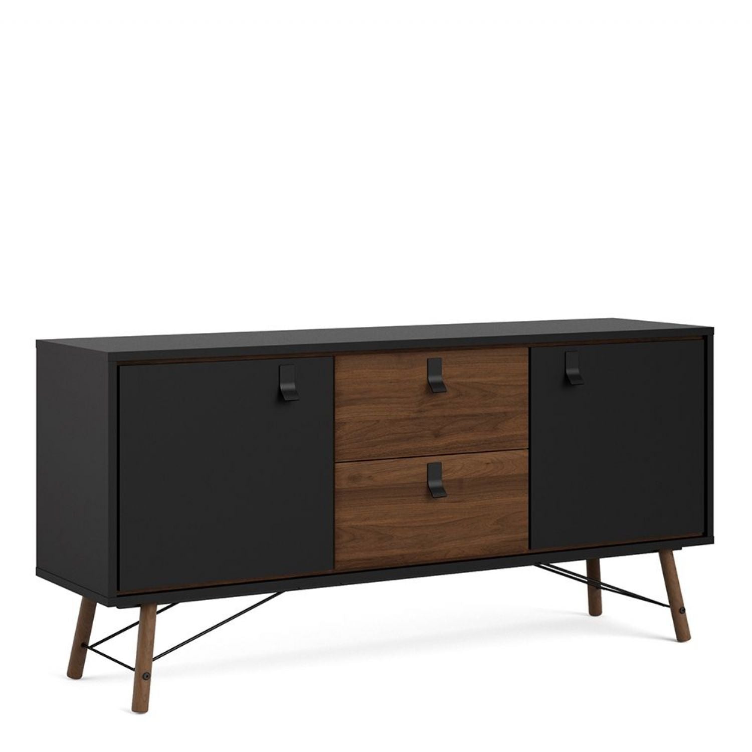 Wide Matt Black Walnut 2 Door 2 Drawer Sideboard With Black Handles