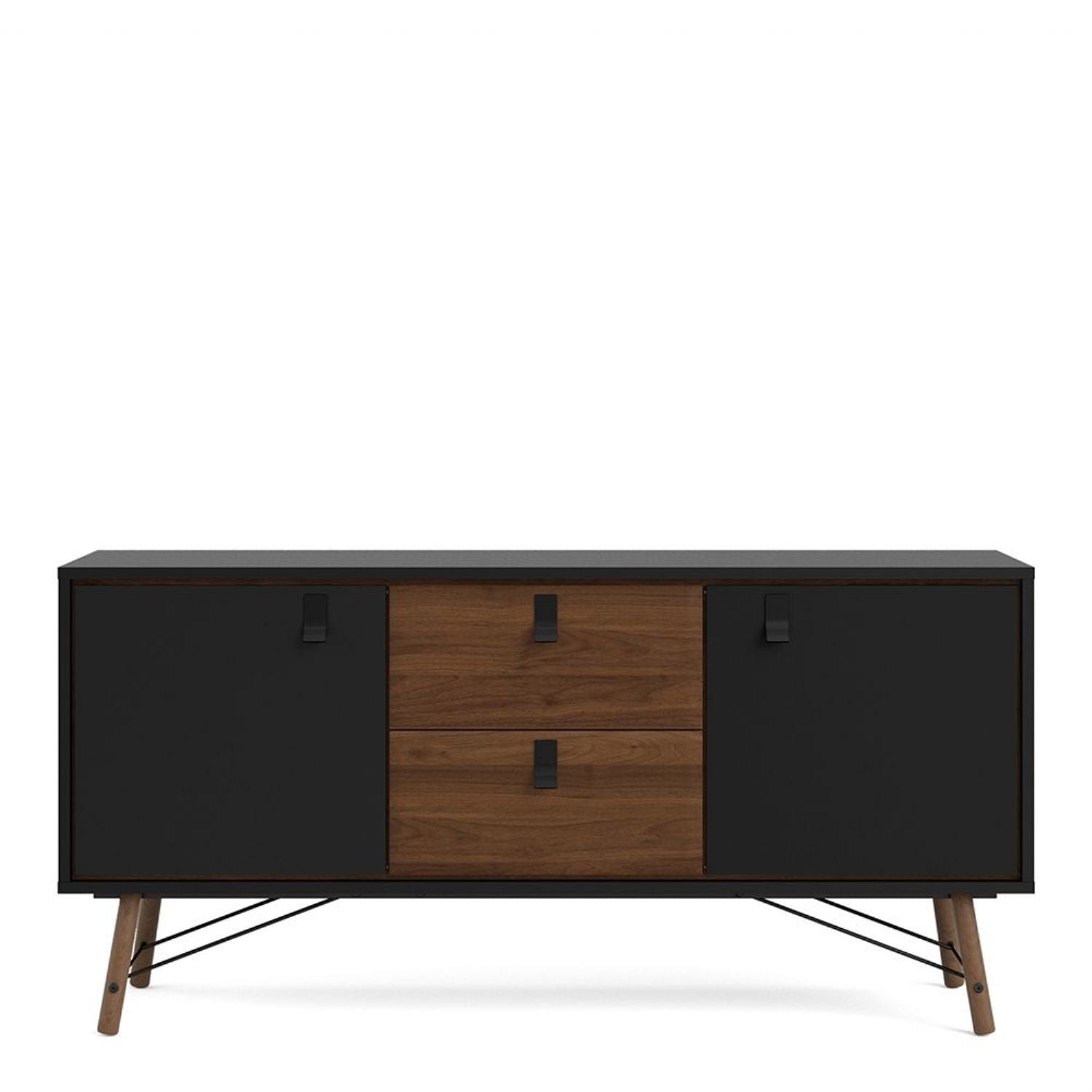 Wide Matt Black Walnut 2 Door 2 Drawer Sideboard With Black Handles