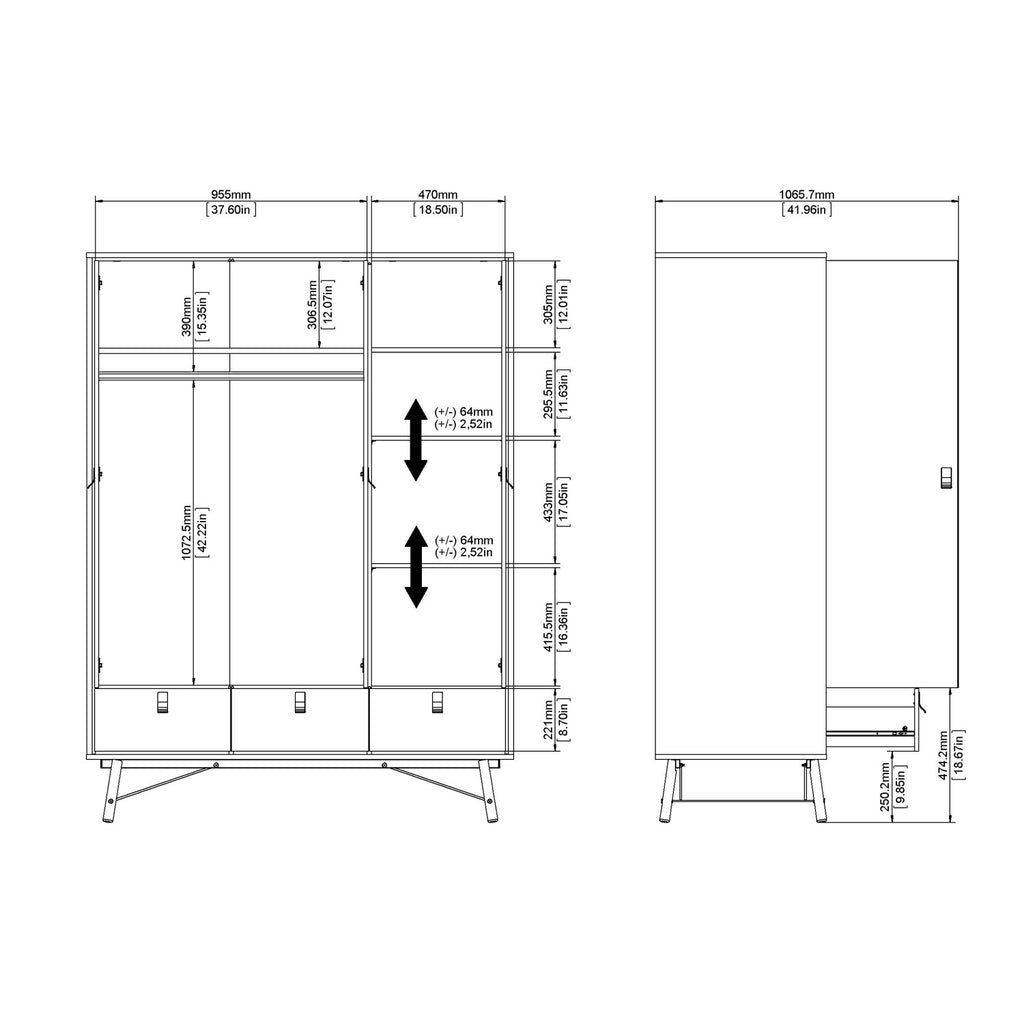 Matt Black Walnut 3 Door Triple Wardrobe 3 Drawers with Shelves 150cm Wide