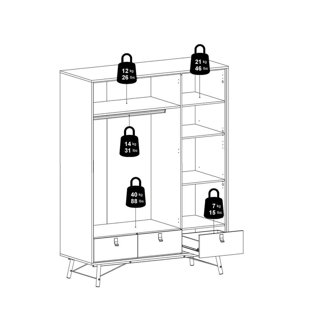 Matt Black Walnut 3 Door Triple Wardrobe 3 Drawers with Shelves 150cm Wide