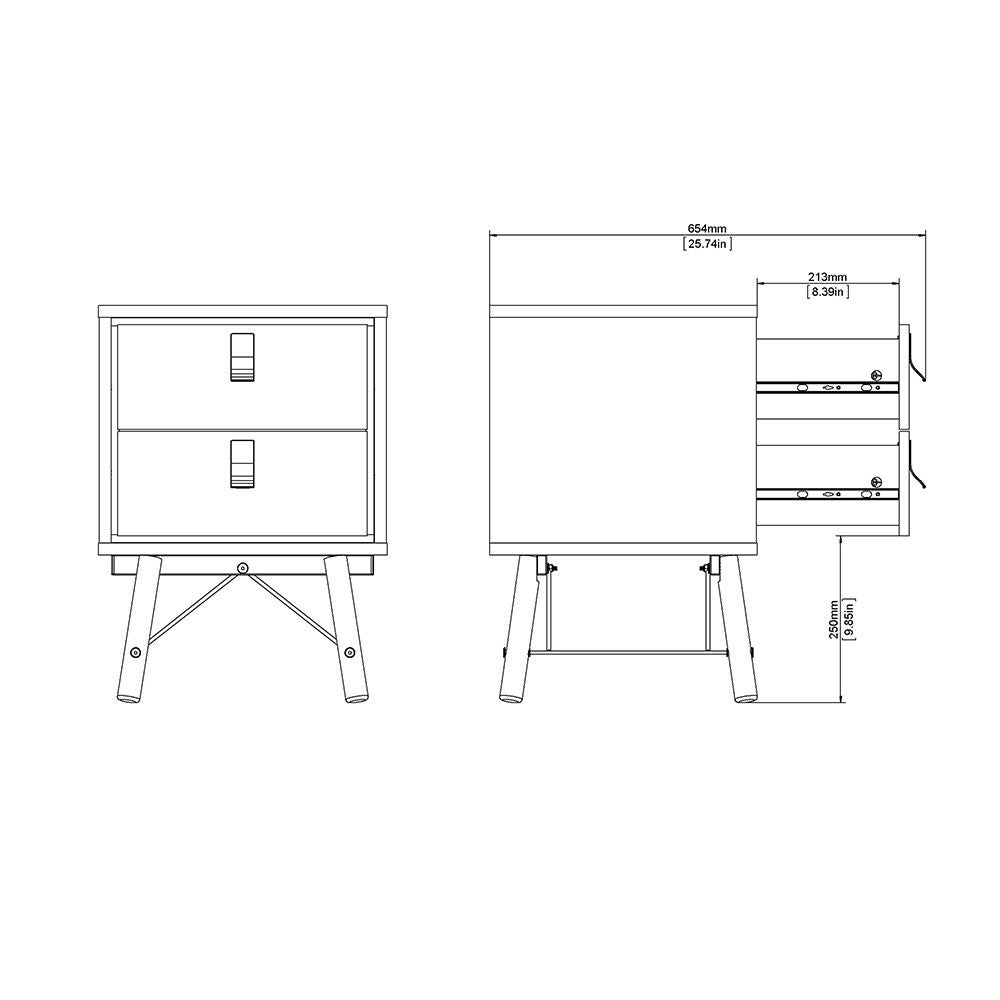 Matt Black Walnut 2 Drawer Bedside Cabinet With Unique Black Handles