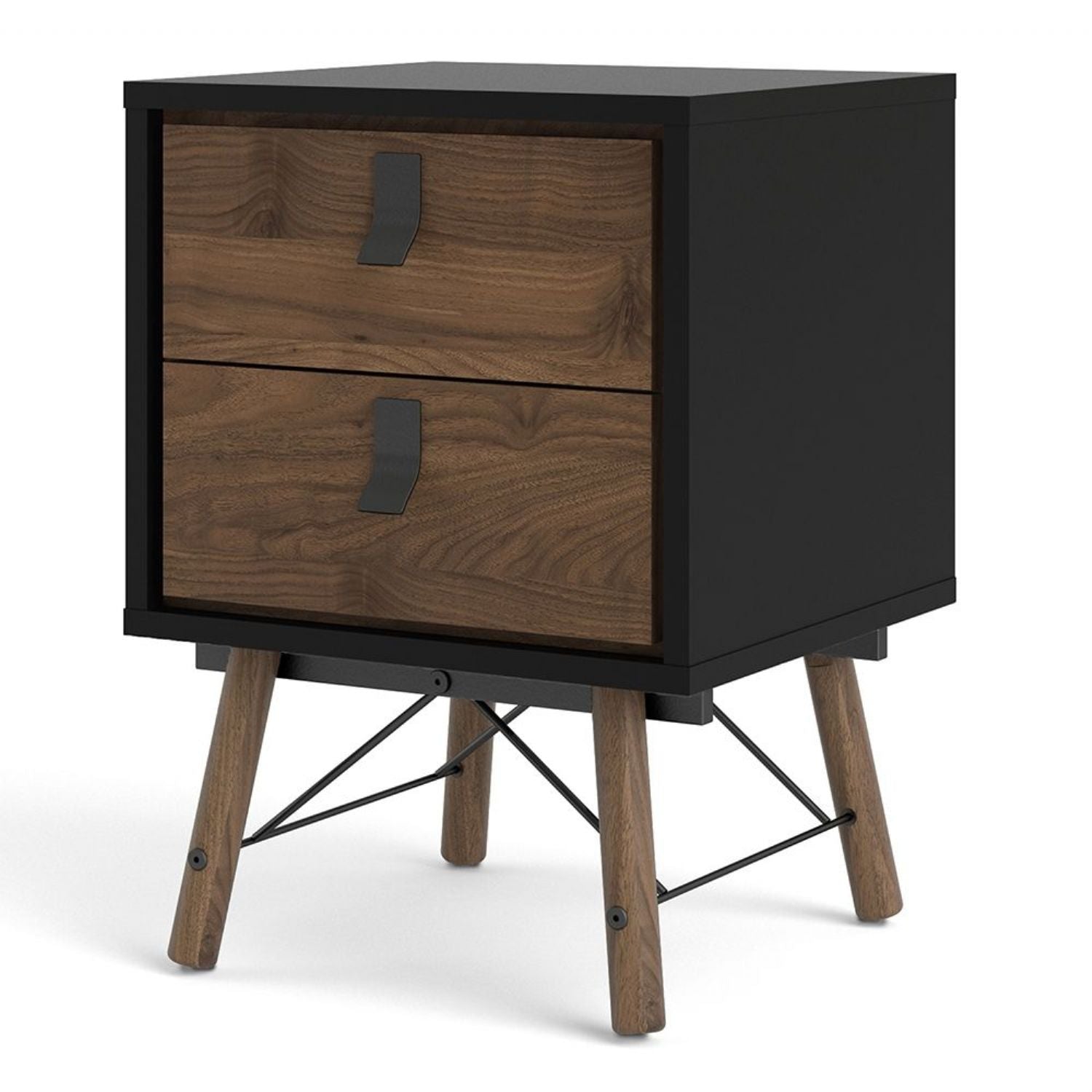 Matt Black Walnut 2 Drawer Bedside Cabinet With Unique Black Handles