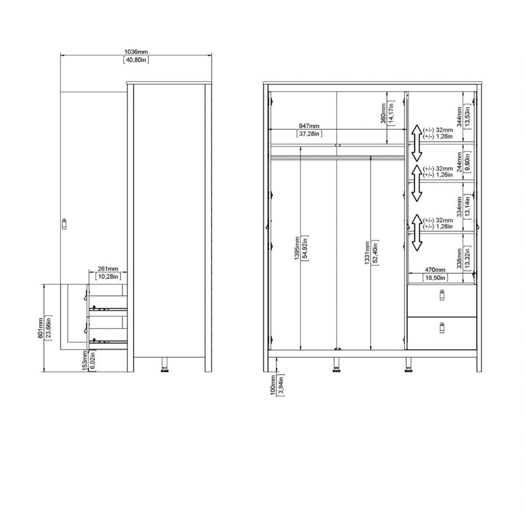 Barcelona Wardrobe with 2 doors 1 mirror door + 2 drawers White