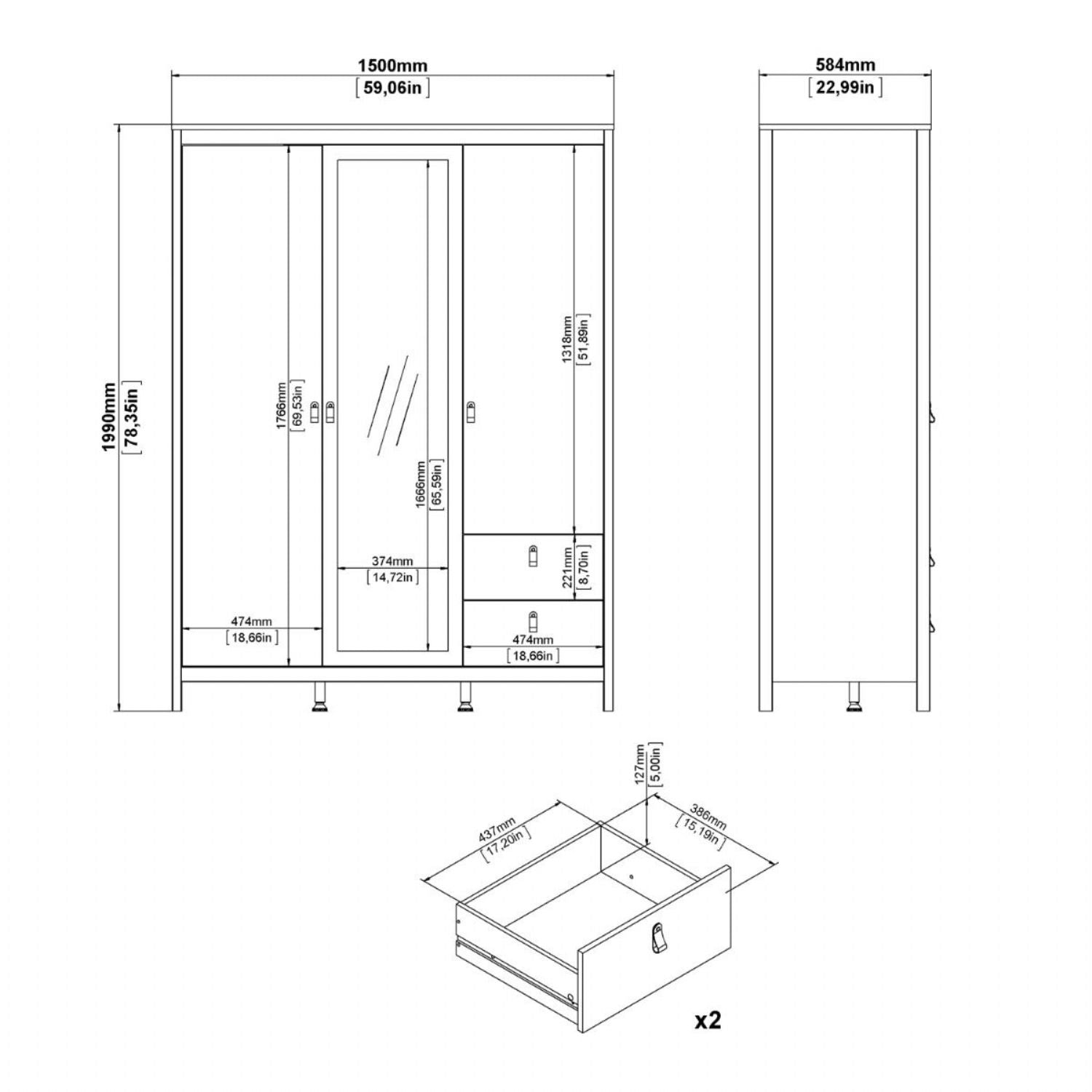 Barcelona Wardrobe with 2 doors 1 mirror door + 2 drawers Matt Black
