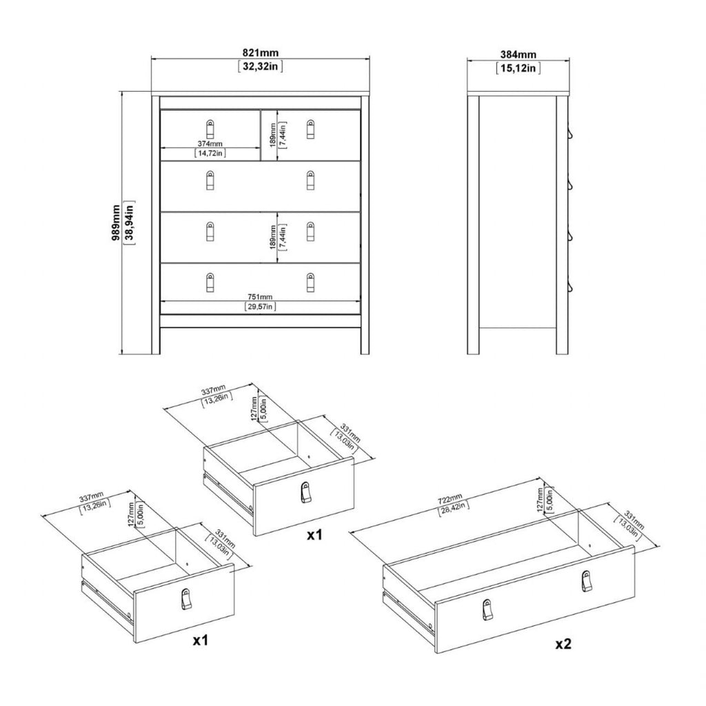 White 5 Drawer Chest With Brown Leather Tab Handles