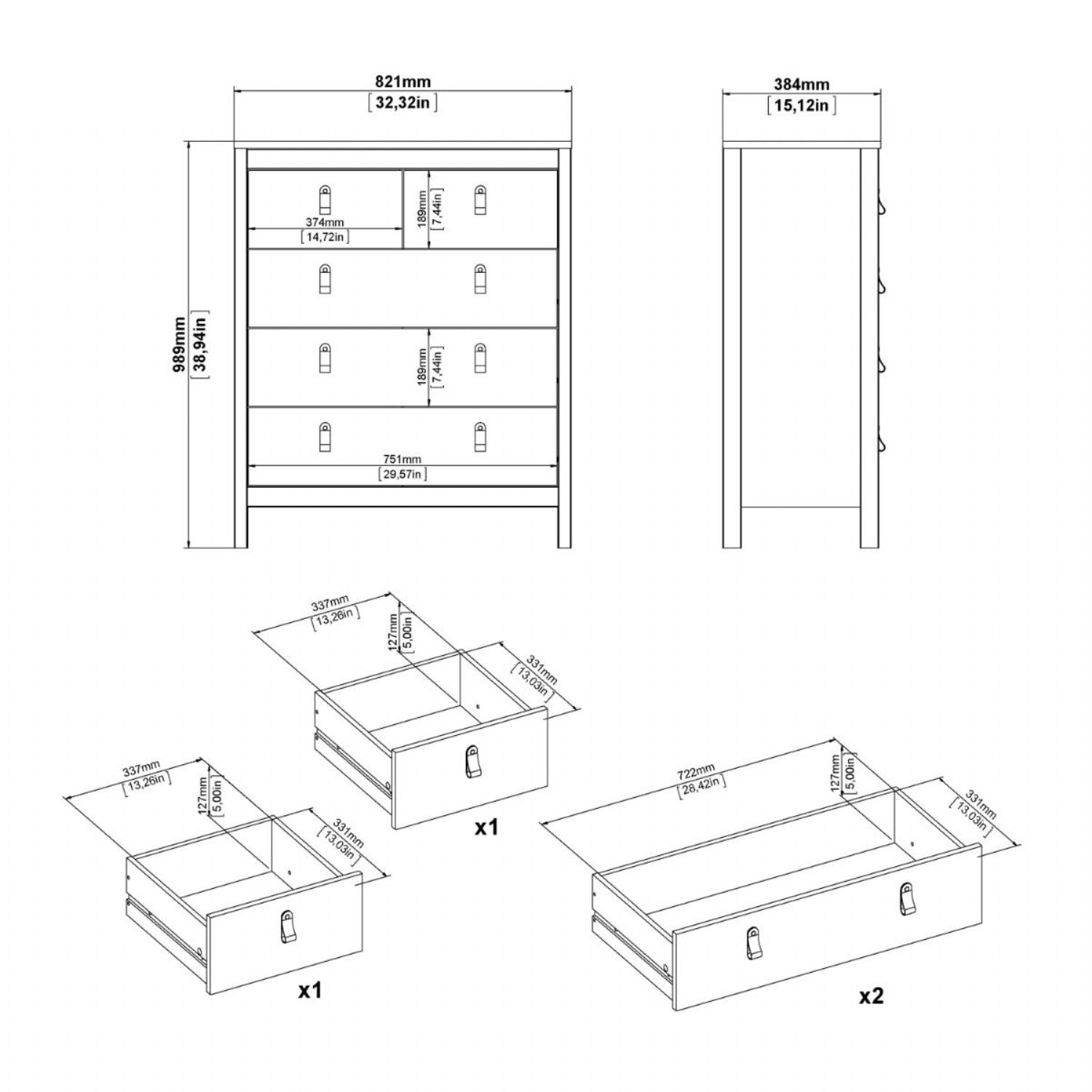 White 5 Drawer Chest With Brown Leather Tab Handles