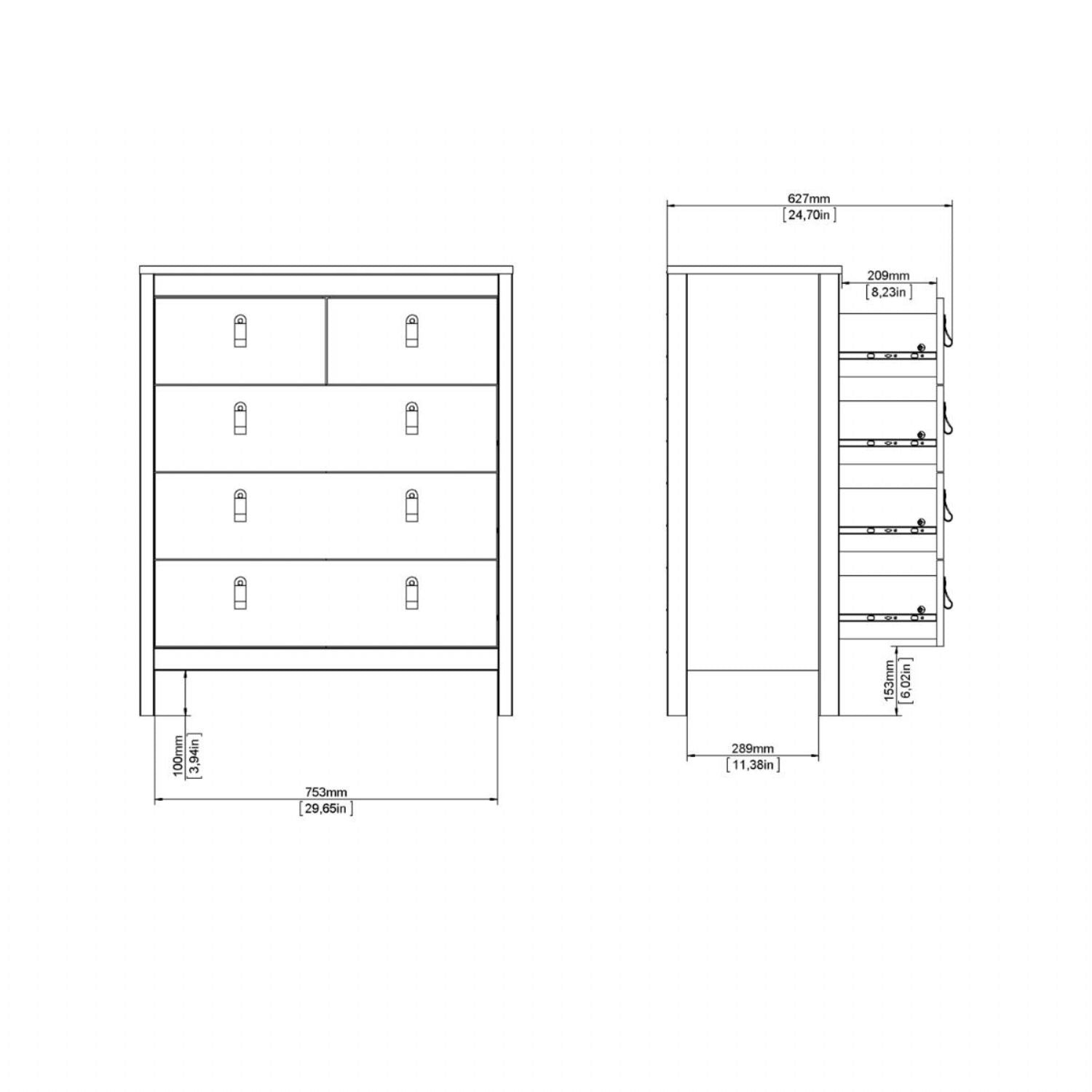 White 5 Drawer Chest With Brown Leather Tab Handles