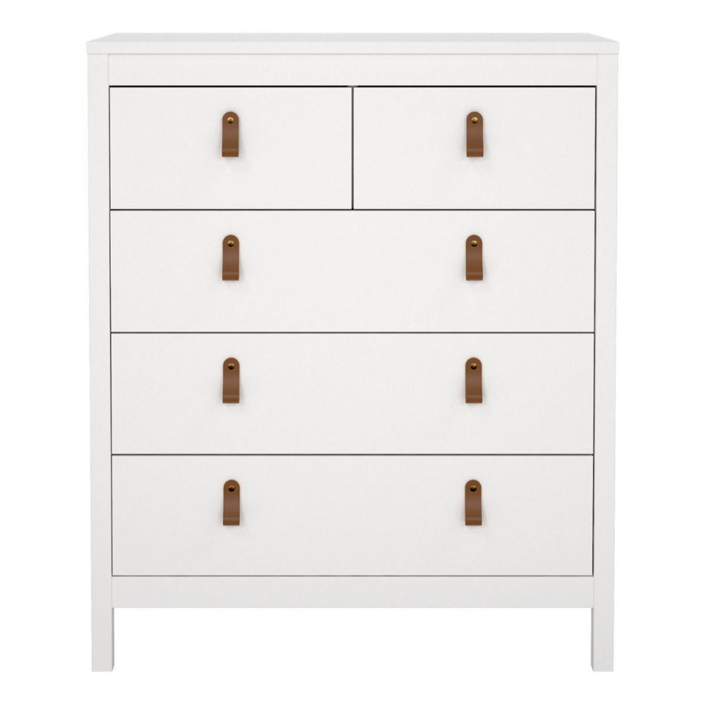 White 5 Drawer Chest With Brown Leather Tab Handles
