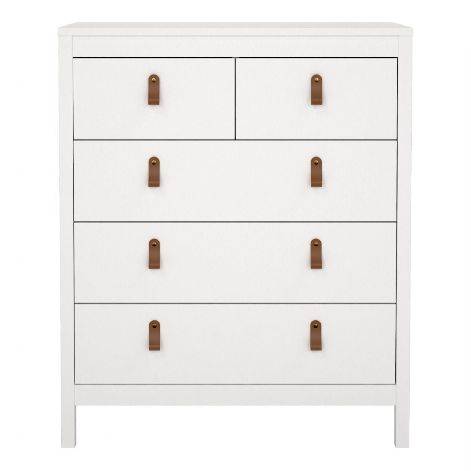 White 5 Drawer Chest With Brown Leather Tab Handles