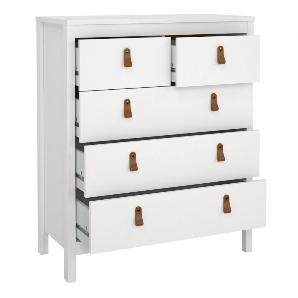 White 5 Drawer Chest With Brown Leather Tab Handles