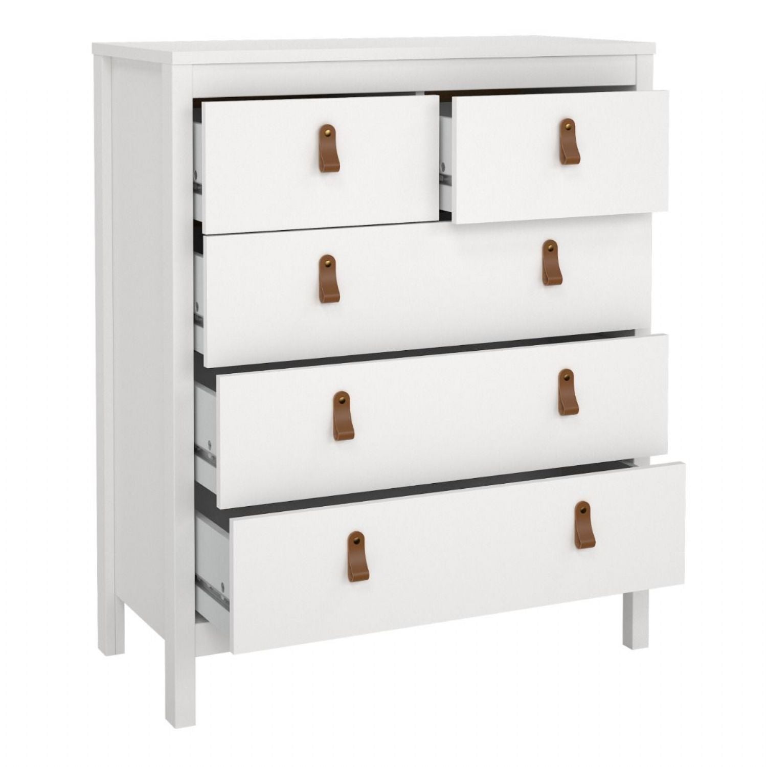 White 5 Drawer Chest With Brown Leather Tab Handles