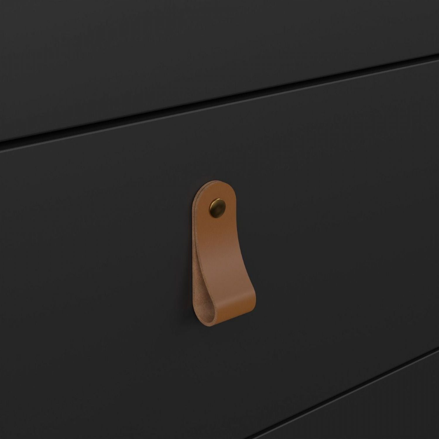 Chest of 5 Drawers Matt Black with Brown Leather Tab Handles
