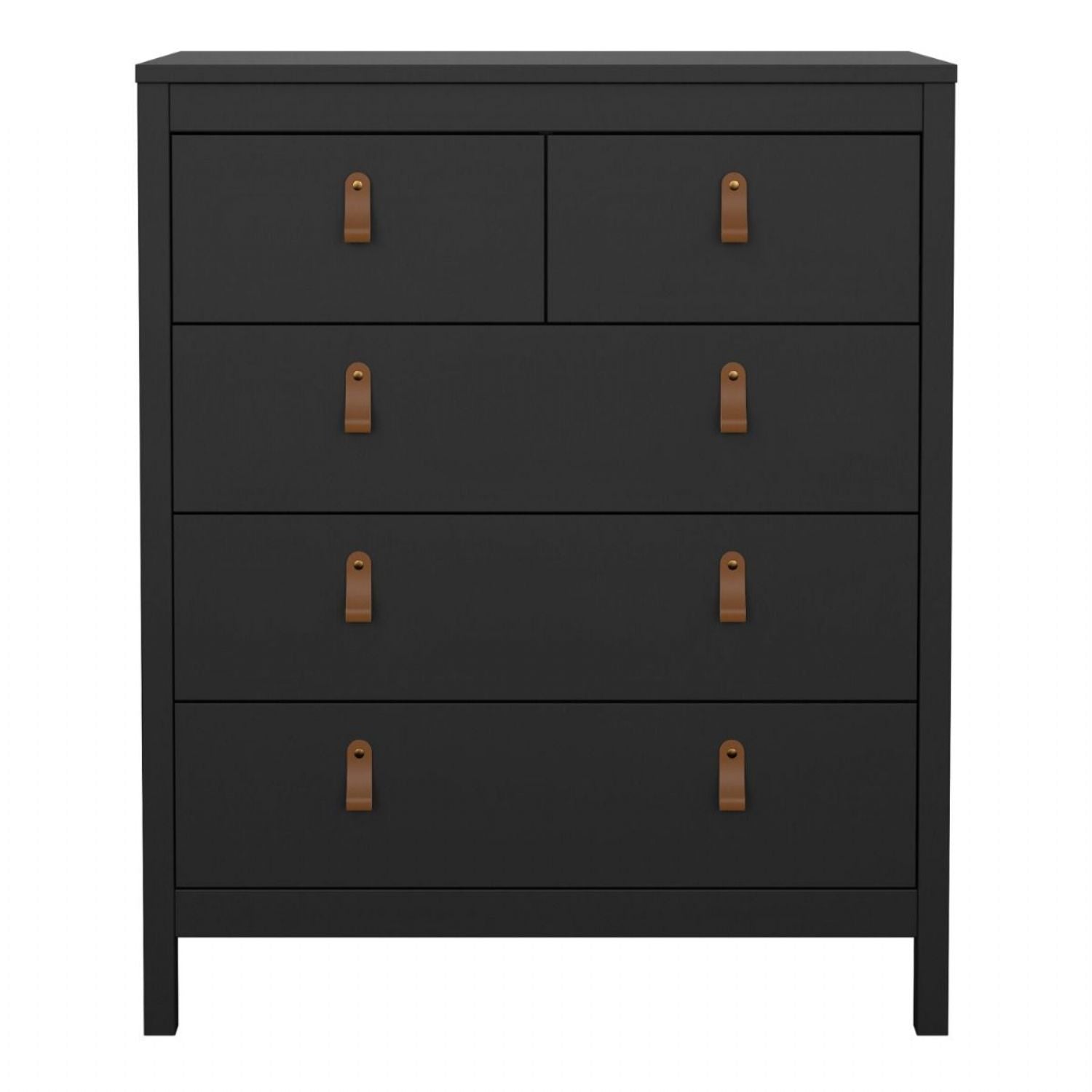 Chest of 5 Drawers Matt Black with Brown Leather Tab Handles
