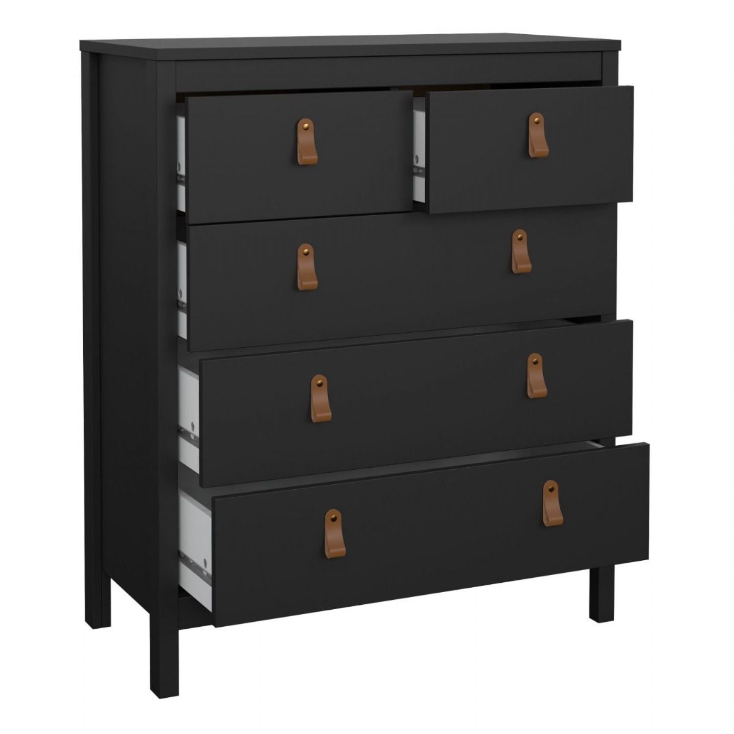 Chest of 5 Drawers Matt Black with Brown Leather Tab Handles