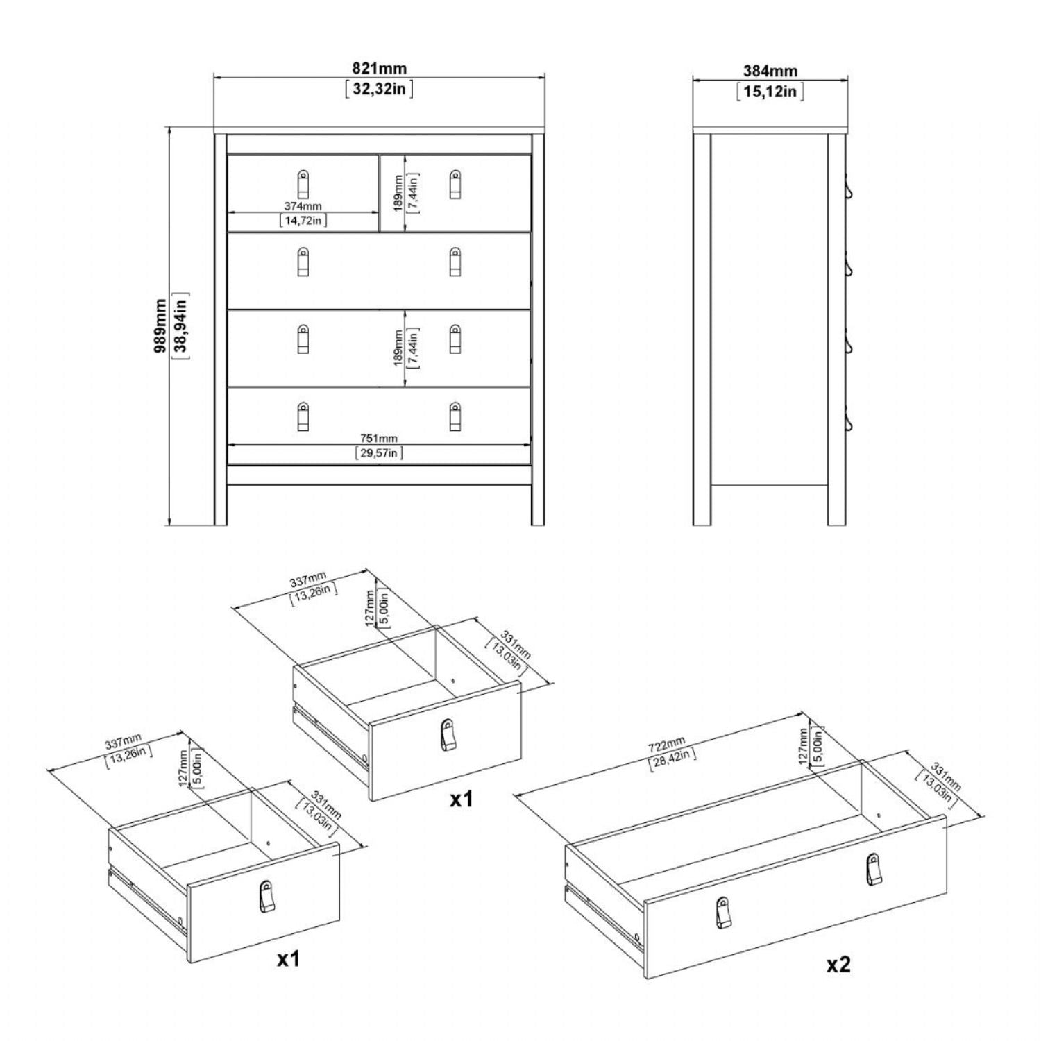 Barcelona Chest 3+2 Drawers in Jackson Hickory Oak