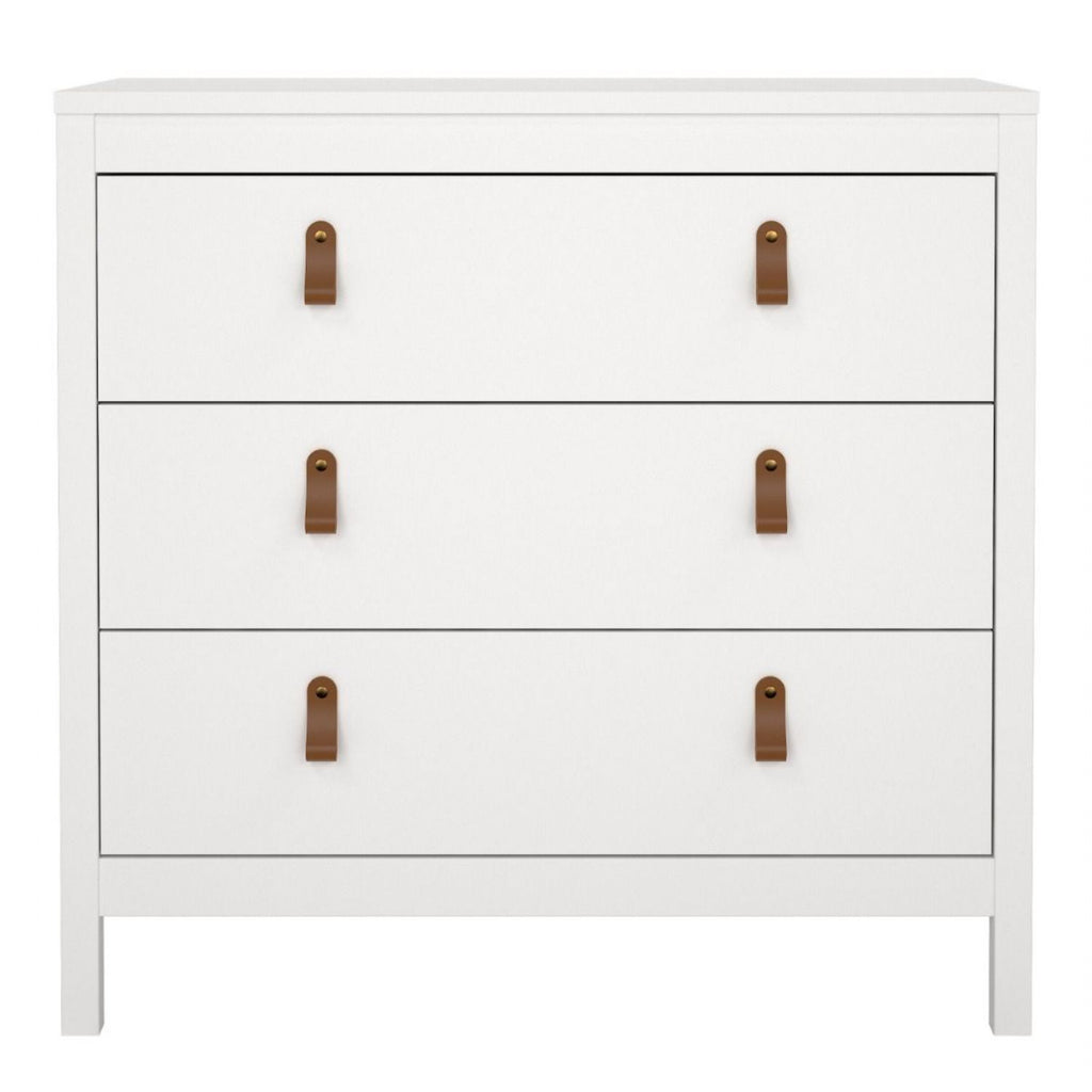White 3 Drawer Chest With Brown Leather Tab Handles