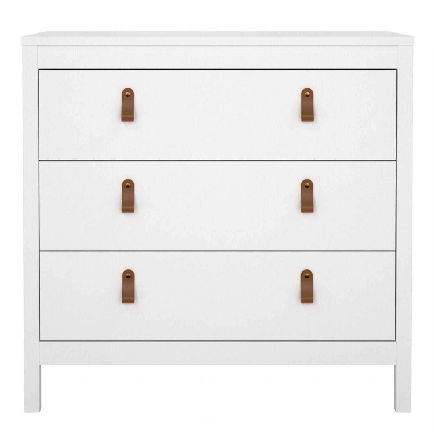 White 3 Drawer Chest With Brown Leather Tab Handles