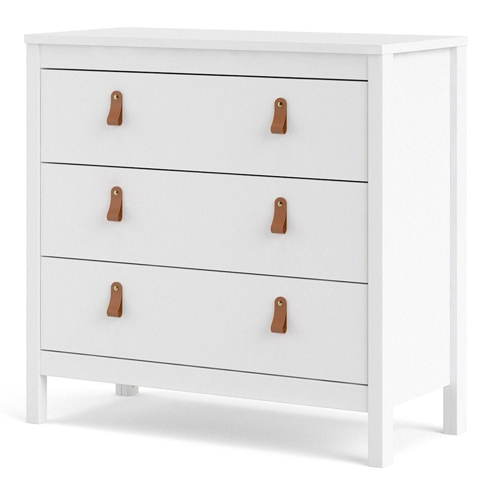 White 3 Drawer Chest With Brown Leather Tab Handles