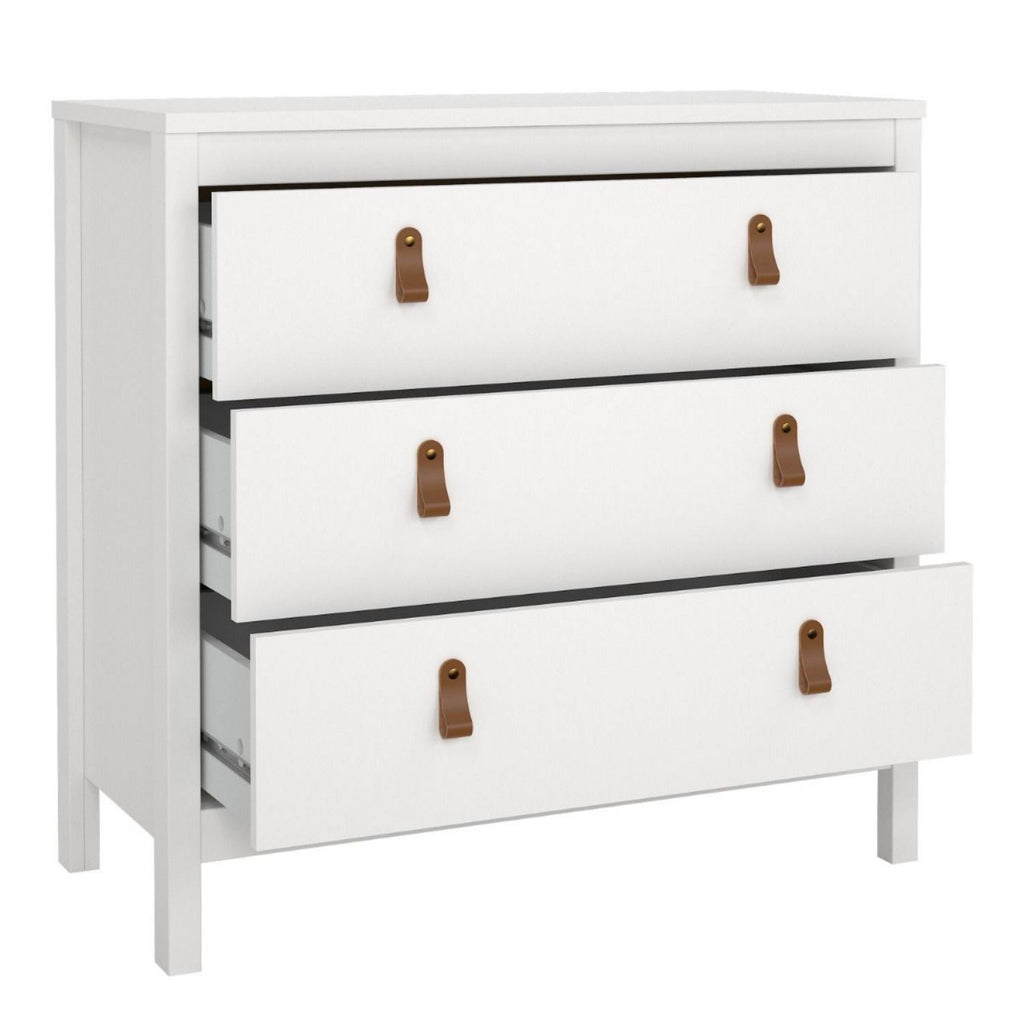 White 3 Drawer Chest With Brown Leather Tab Handles