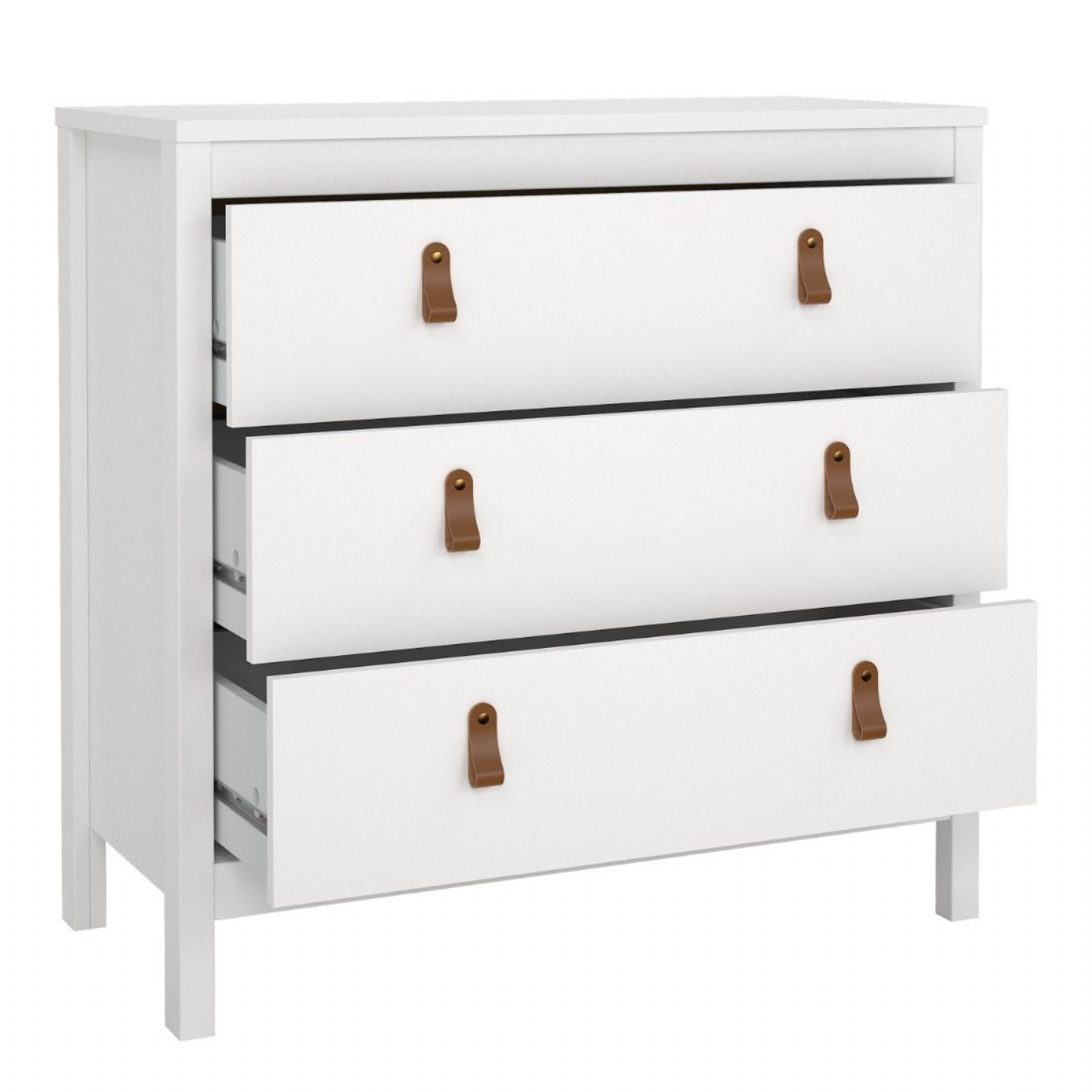 White 3 Drawer Chest With Brown Leather Tab Handles